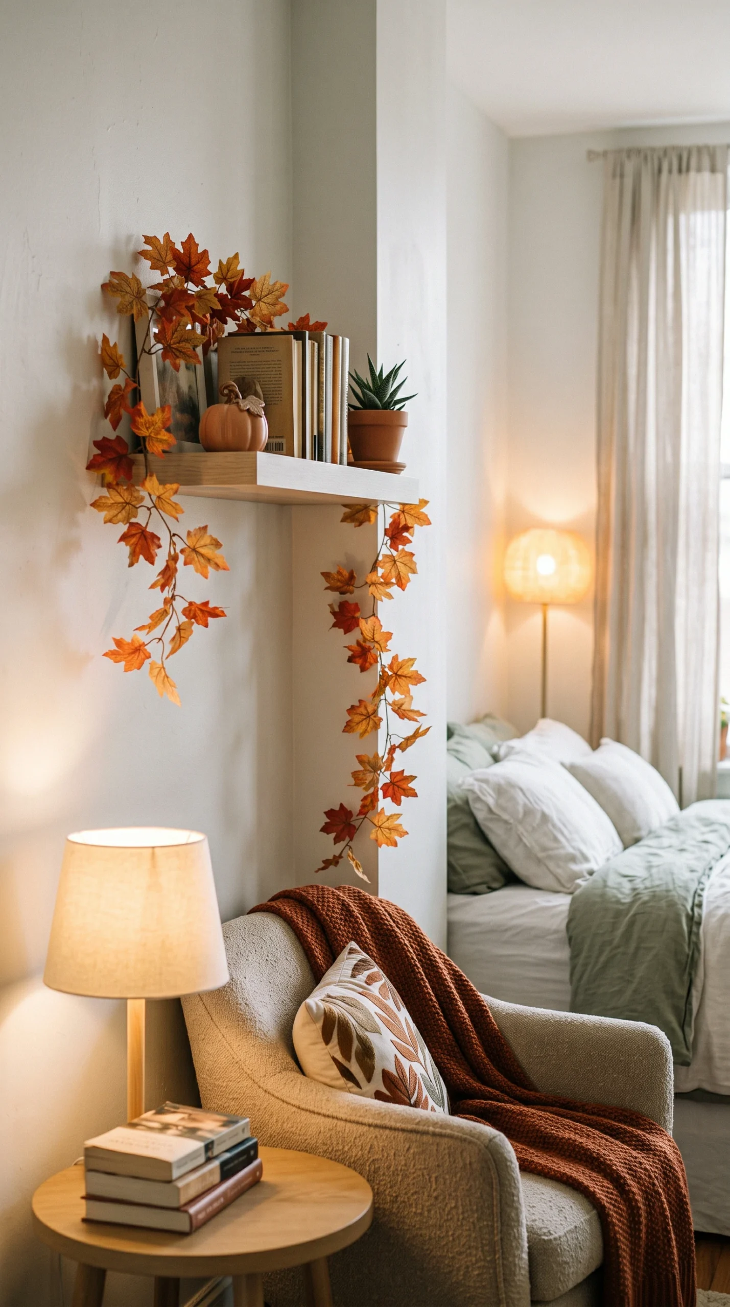 Floating shelf in a bedroom decorated with trailing faux autumn leaves and a small warm pumpkin decorative piece.