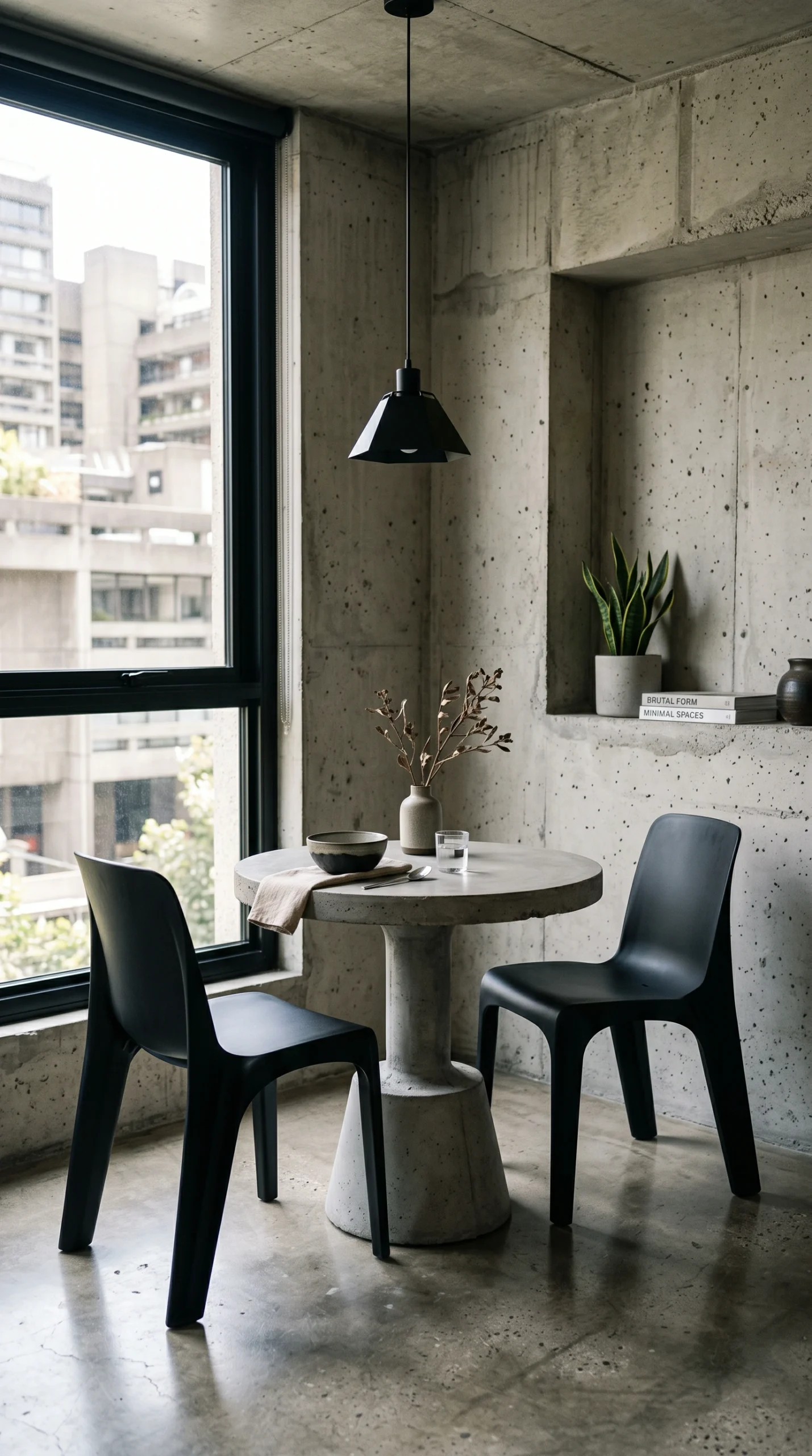 A small round concrete dining table paired with two sculptural obsidian black chairs next to a large window in a brutalist apartment.