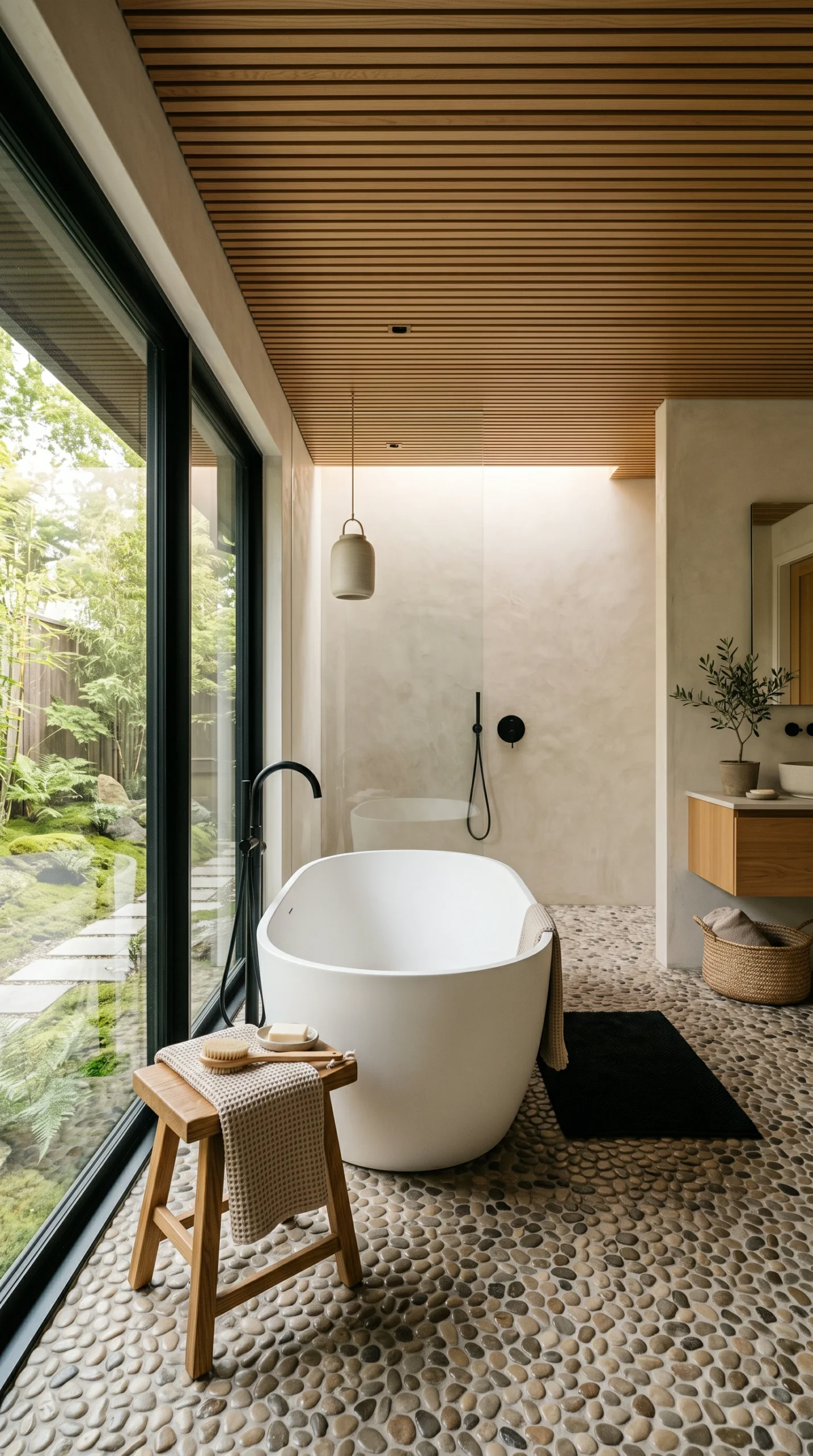 Wide vertical shot of a Japandi bathroom featuring a matte white freestanding tub on river stone flooring under a slatted wood ceiling.