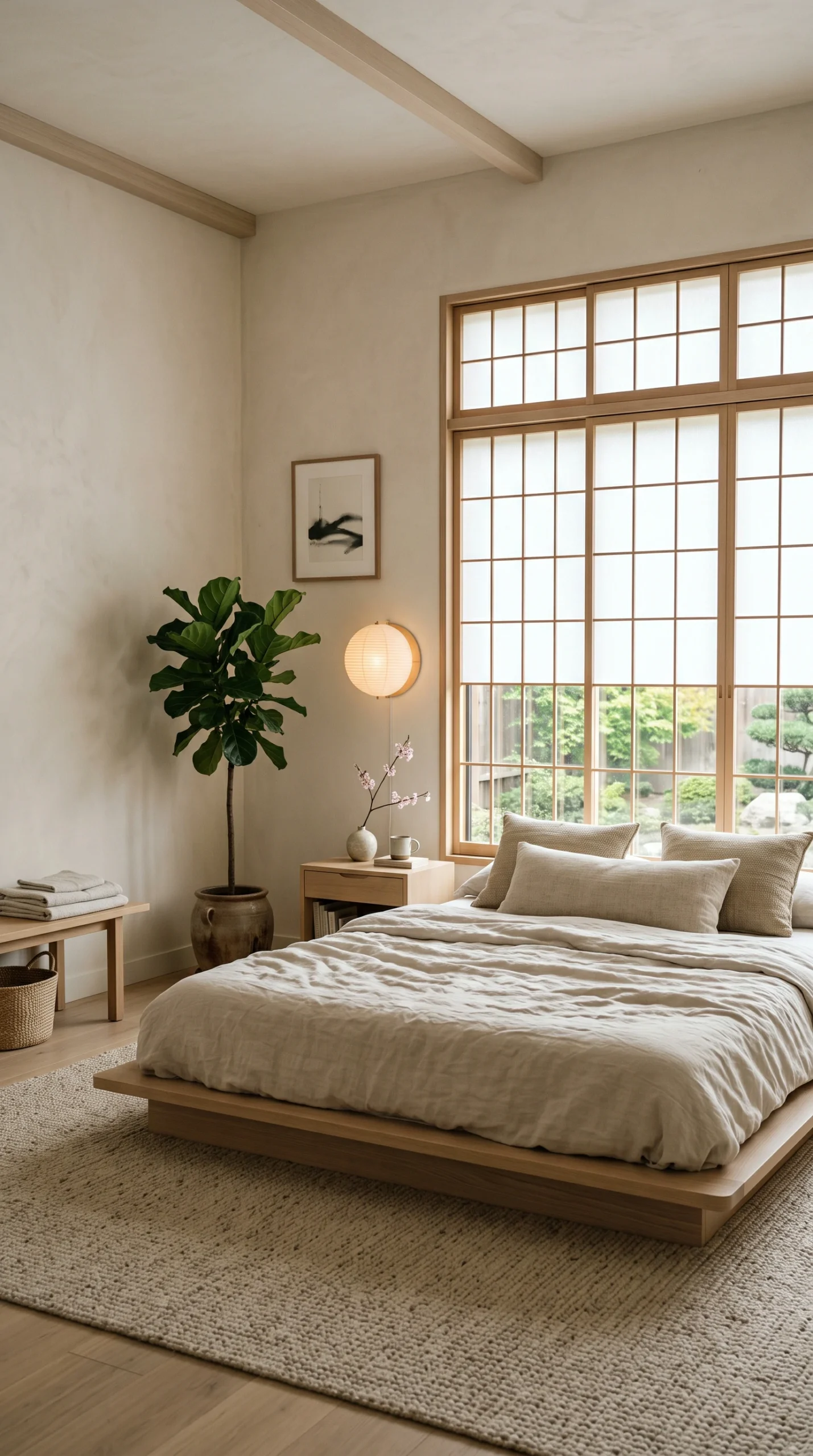 Serene Japandi bedroom featuring a low-profile pale oak platform bed, heavy linen sheets, and warm white walls with soft natural lighting.