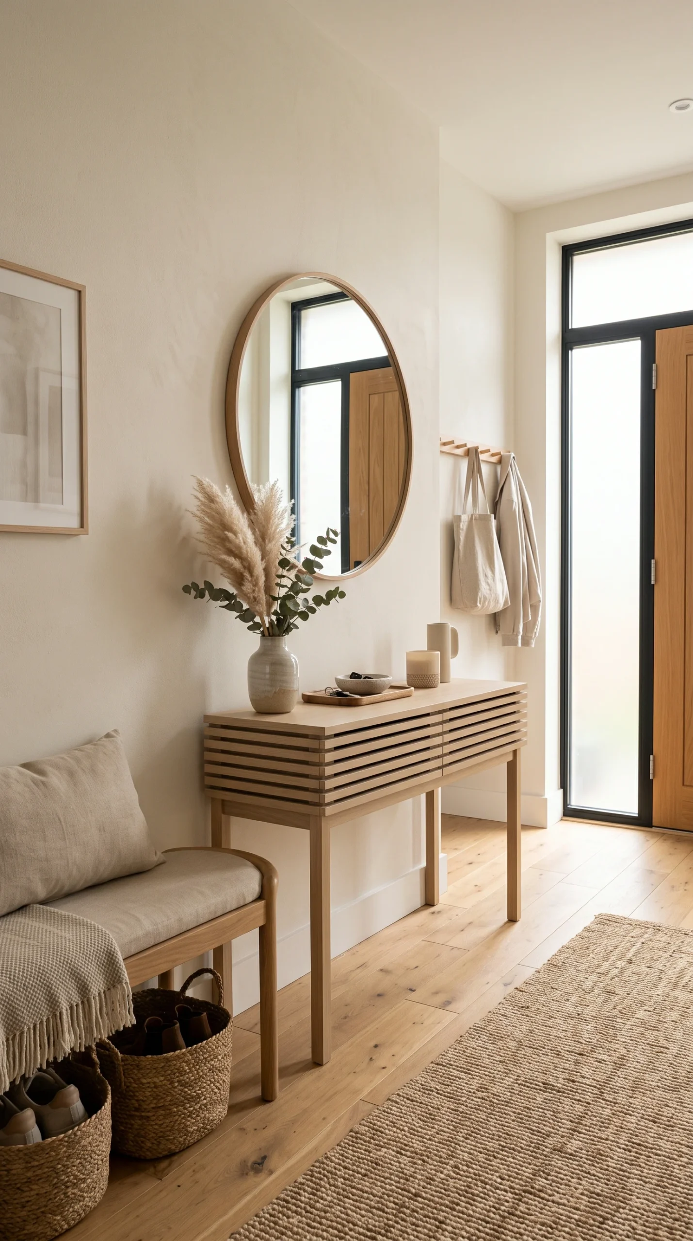 A pale oak slatted console table against a warm rice-colored wall in a sunlit entryway.