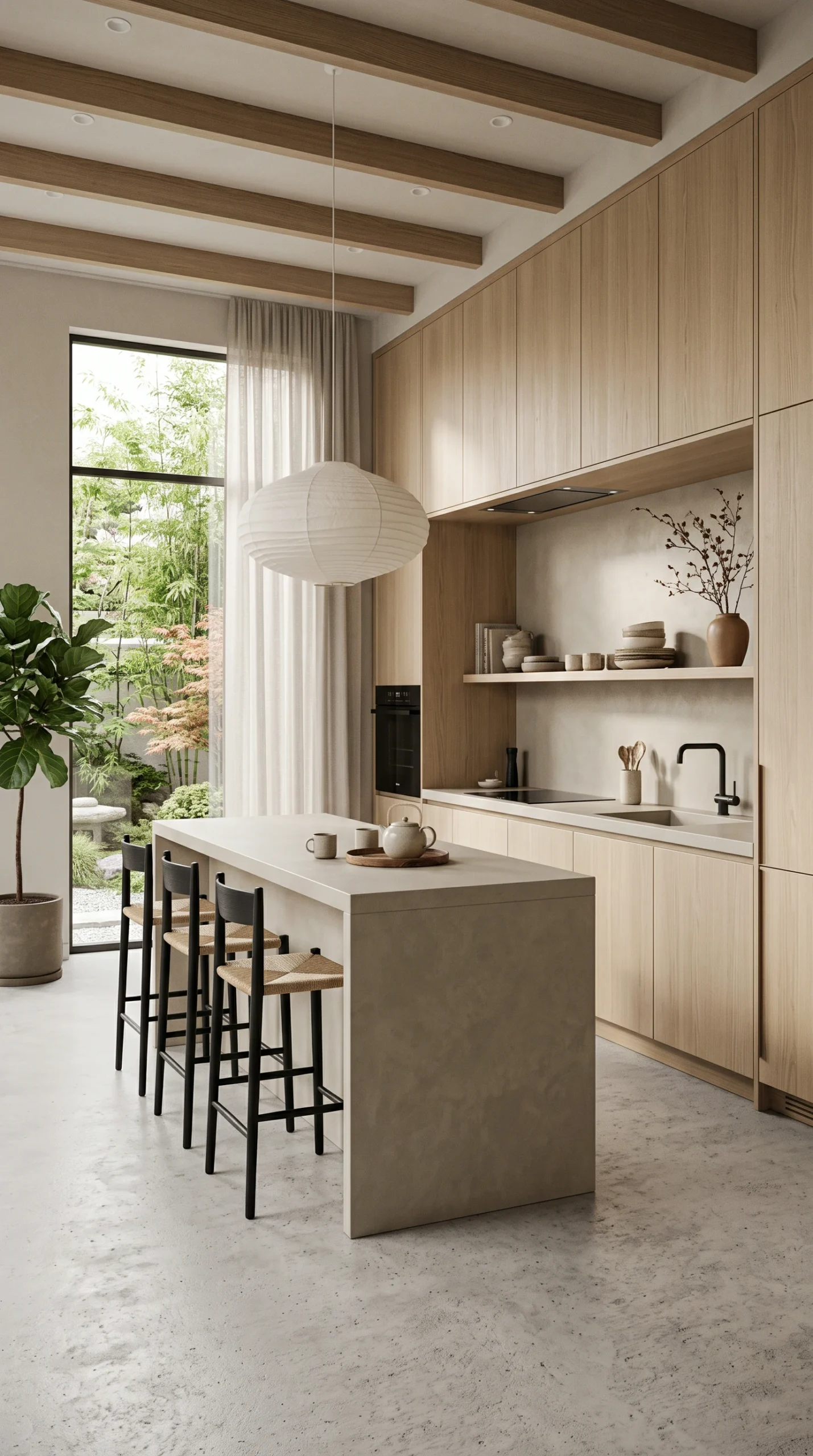 Vertical wide shot of a Japandi kitchen with White Oak cabinetry, a Warm Stone island, and large windows looking into a green courtyard.