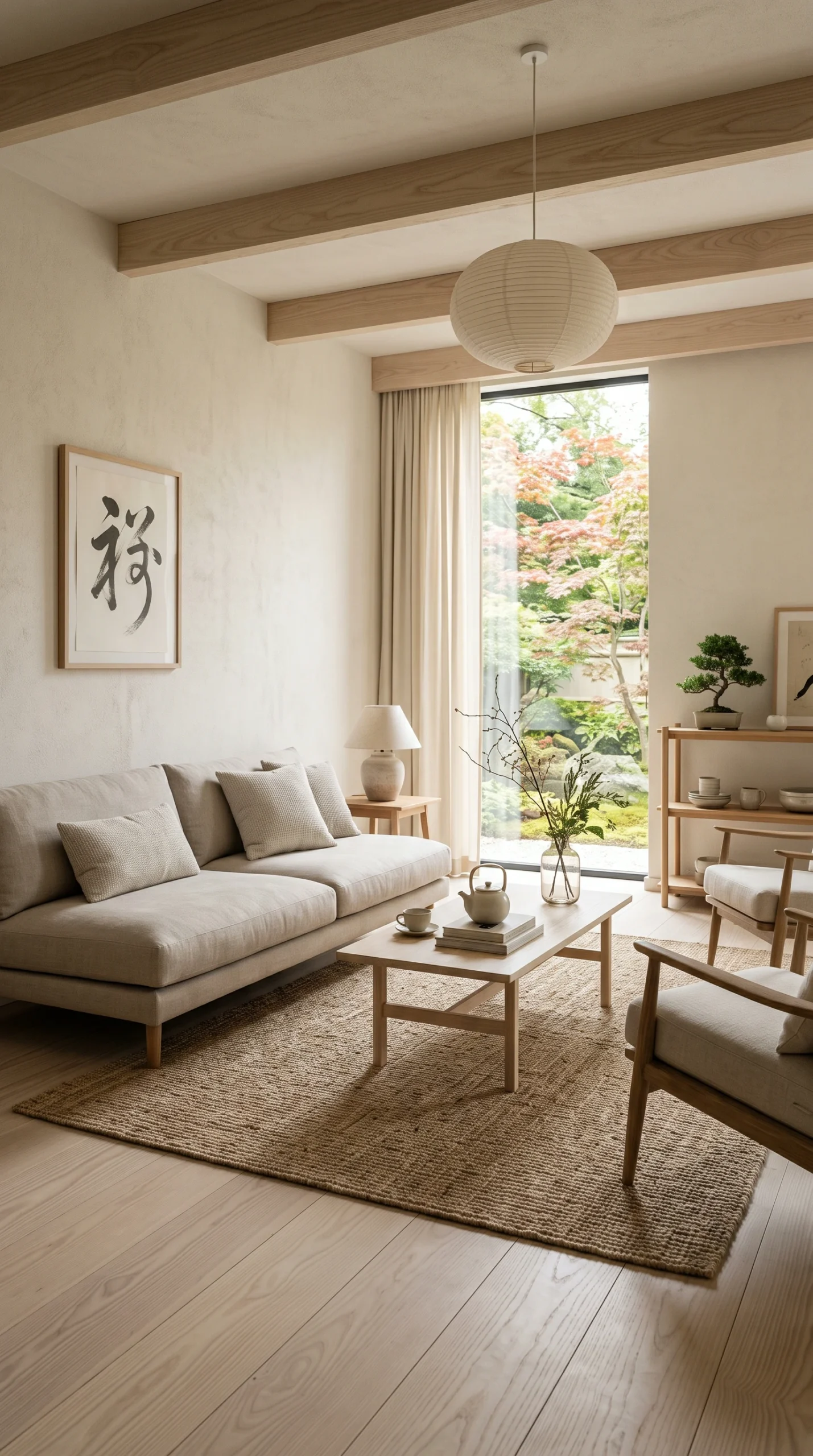 Wide shot of a serene Japandi living room with a low-profile beige sofa, light oak wood slatted walls, and a large spherical paper lantern.
