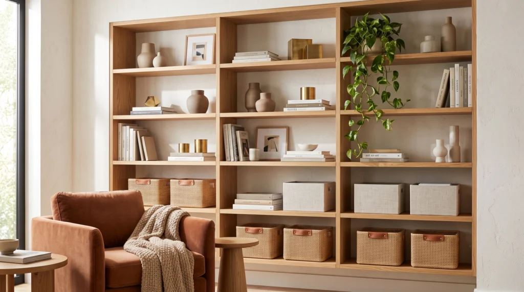 Organized shelf decor featuring curated decorative objects, cascading trailing plants, textured woven baskets, and minimalist floating display ledges.