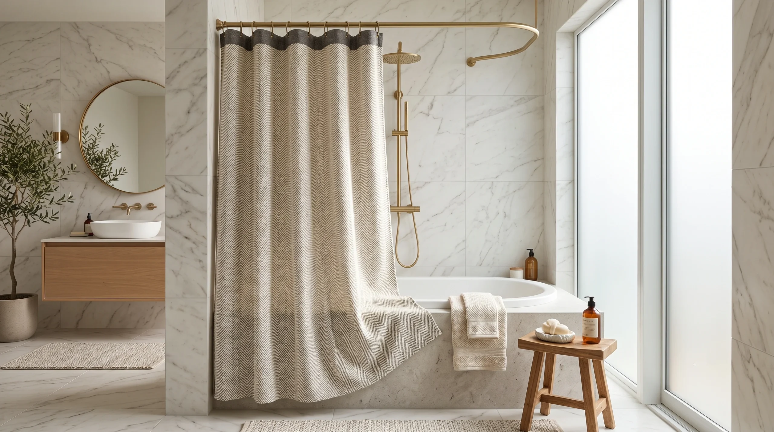 Luxurious modern bathroom featuring a stylish fabric shower curtain with rich textures, elegant hardware, and a clean, serene aesthetic.