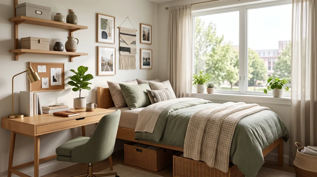 Cozy single dorm room featuring smart space-saving furniture, layered plush bedding, personalized wall decor, and efficient study organization.