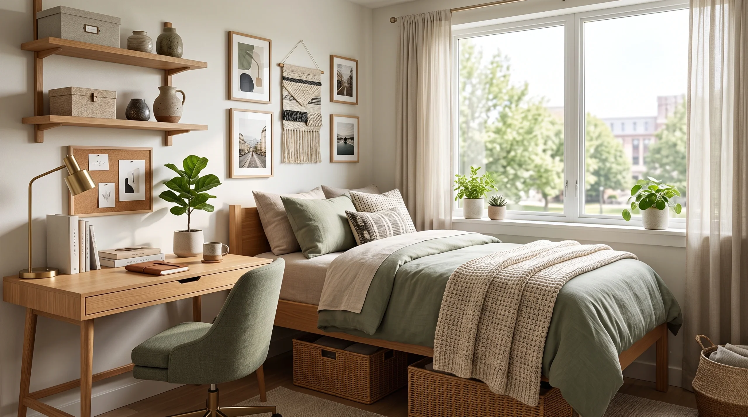 Cozy single dorm room featuring smart space-saving furniture, layered plush bedding, personalized wall decor, and efficient study organization.
