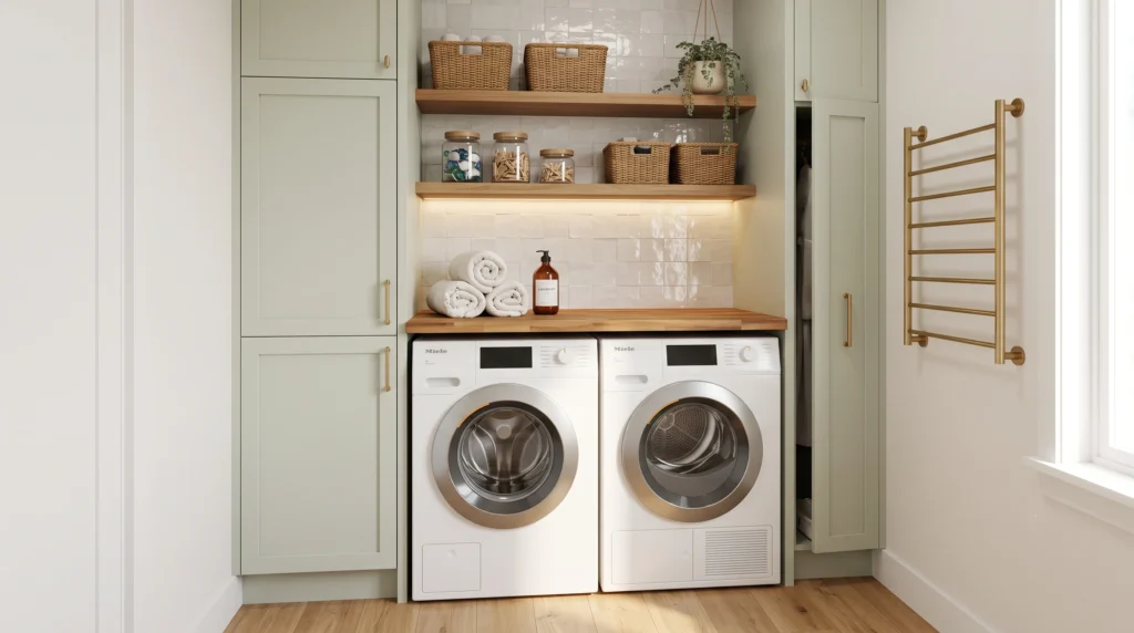 Space-saving small laundry room ideas featuring compact stackable appliances, vertical wall shelving, pull-out folding counters, and clever hanging storage solutions.