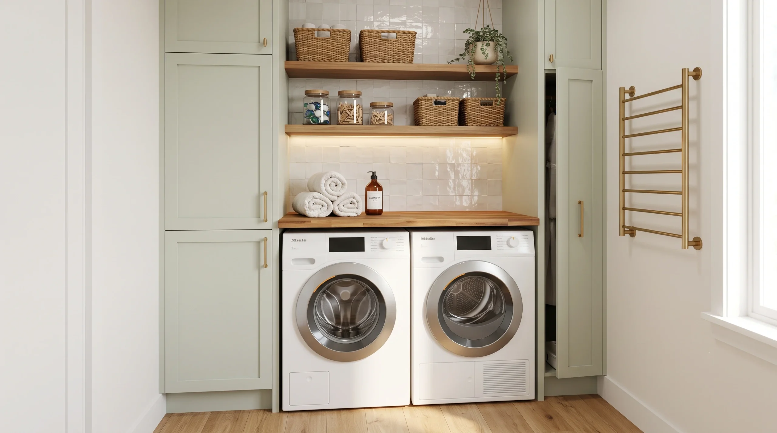 Space-saving small laundry room ideas featuring compact stackable appliances, vertical wall shelving, pull-out folding counters, and clever hanging storage solutions.