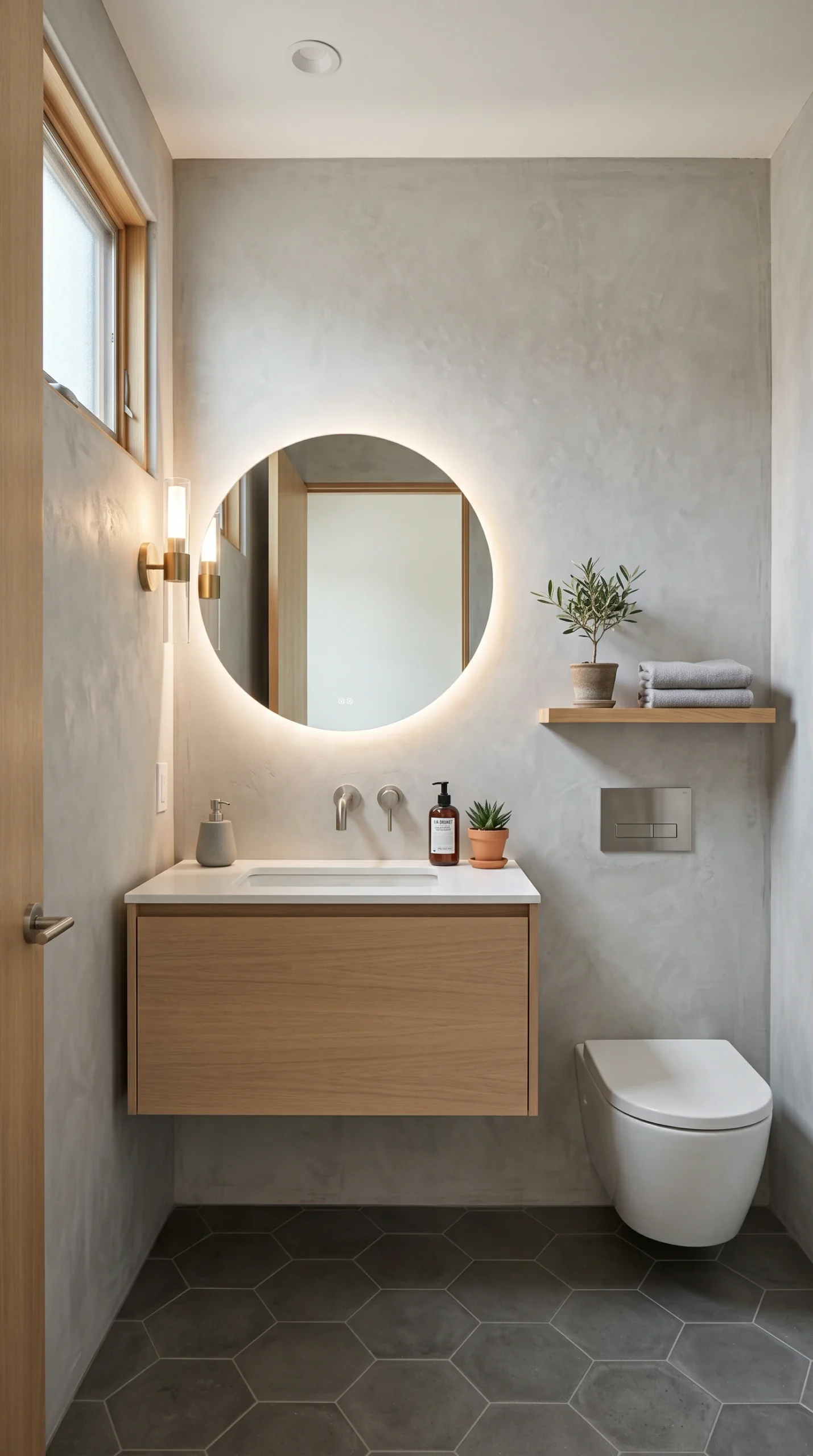 A modern small bathroom with a concrete-textured wall and a light oak floating vanity with a backlit round mirror.