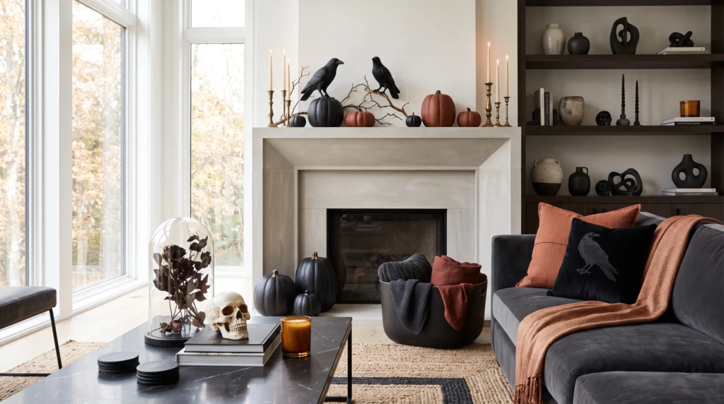 Enchanting spooky season home featuring flickering LED candle displays, vintage apothecary bottles, rustic carved pumpkins, and moody gothic-inspired textiles.
