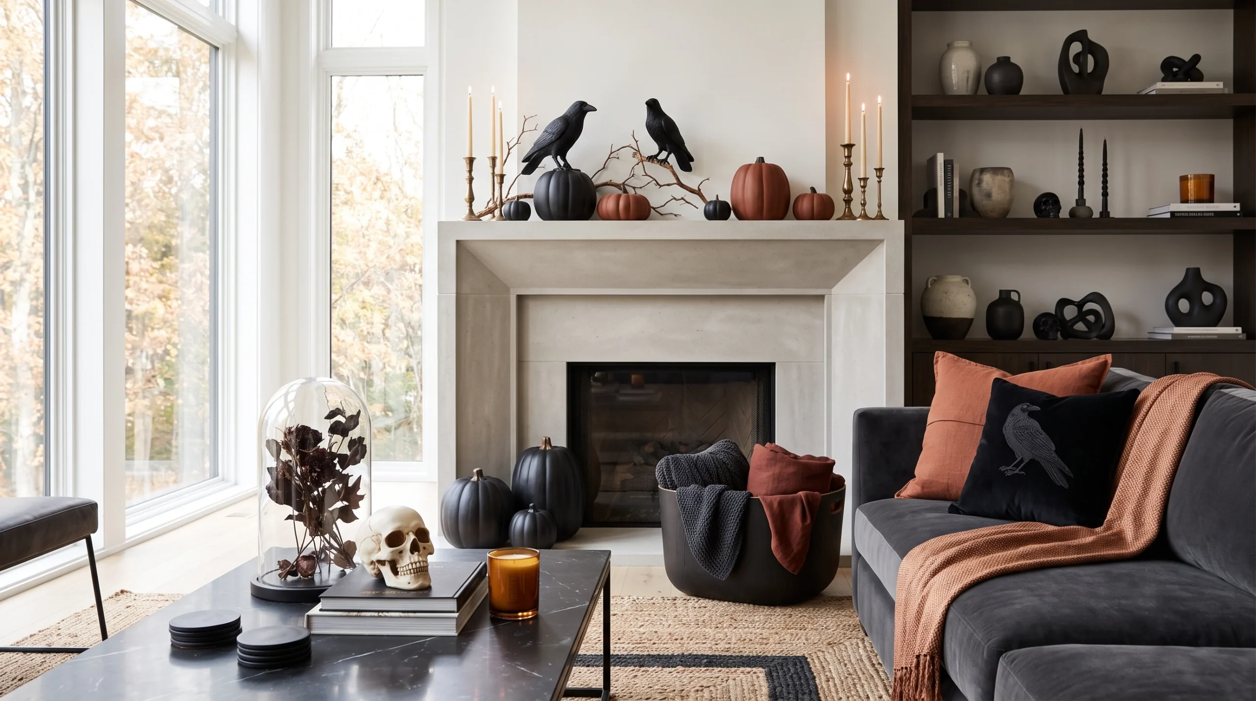 Enchanting spooky season home featuring flickering LED candle displays, vintage apothecary bottles, rustic carved pumpkins, and moody gothic-inspired textiles.