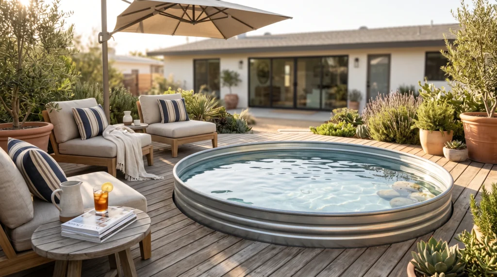 Refreshing stock tank pool featuring durable galvanized steel walls, compact DIY filtration systems, comfortable poolside lounge seating, and lush surrounding greenery.