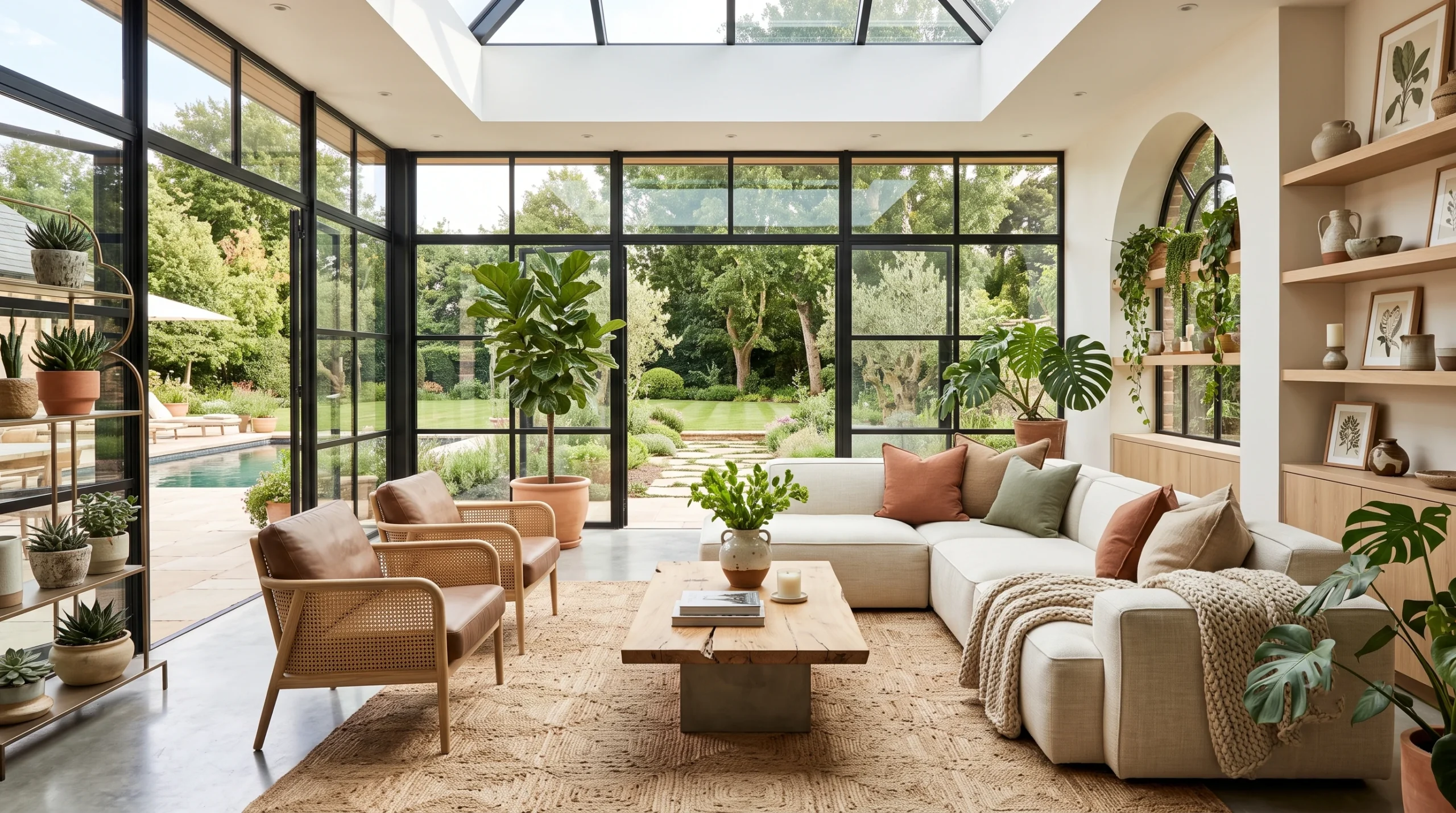 Sun-drenched sunroom featuring expansive glass windows, lush indoor botanical plants, comfortable rattan lounge seating, and airy sheer drapery.