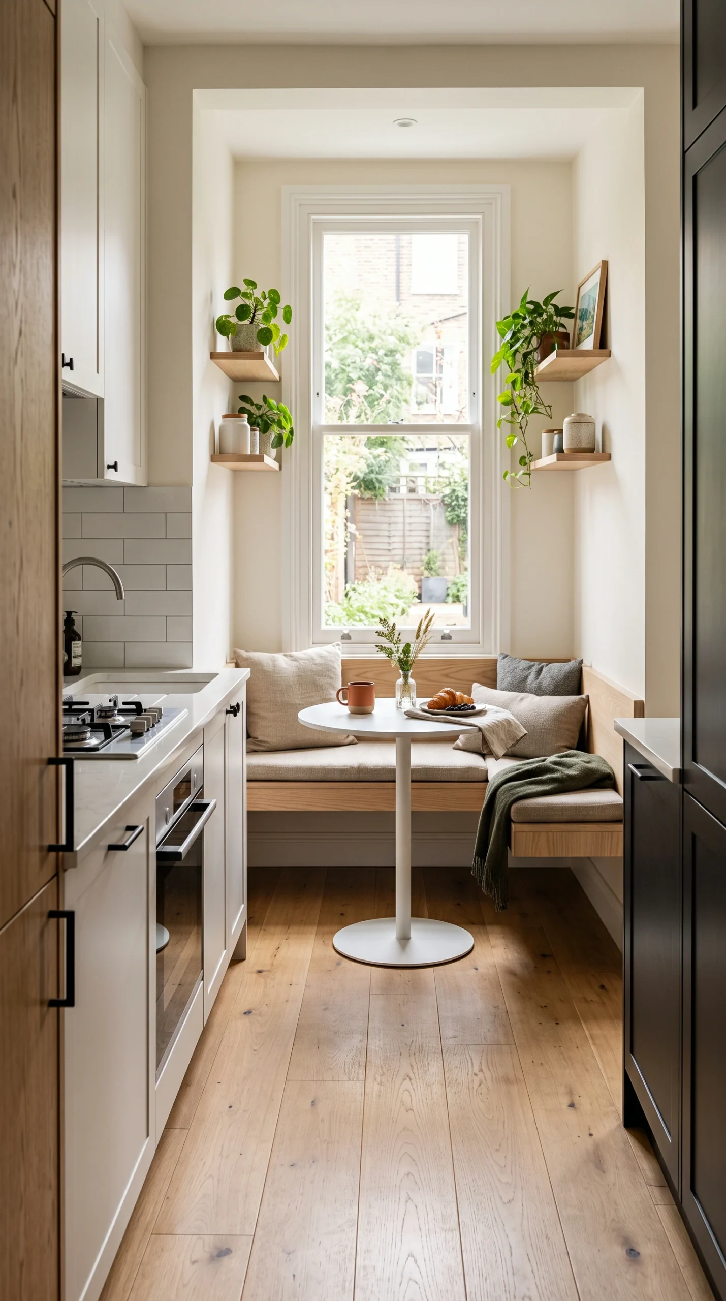 Vertical photo of a compact ash wood bench, white round table, and plants in a sunlit kitchen nook.