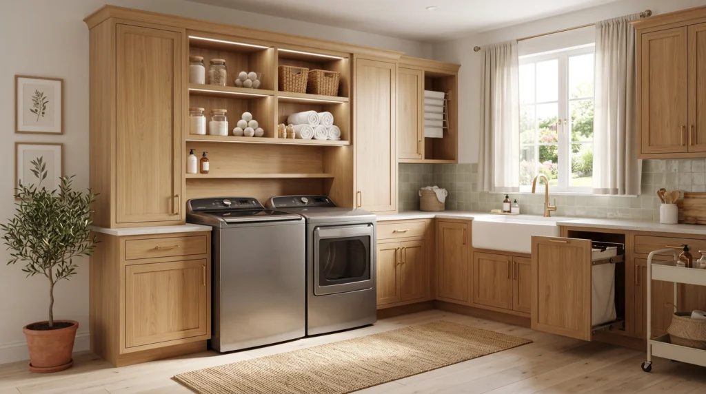 Efficient top load washer laundry room featuring high-capacity washing drums, easy-access top-loading lids, durable moisture-resistant cabinetry, and convenient folding counters.