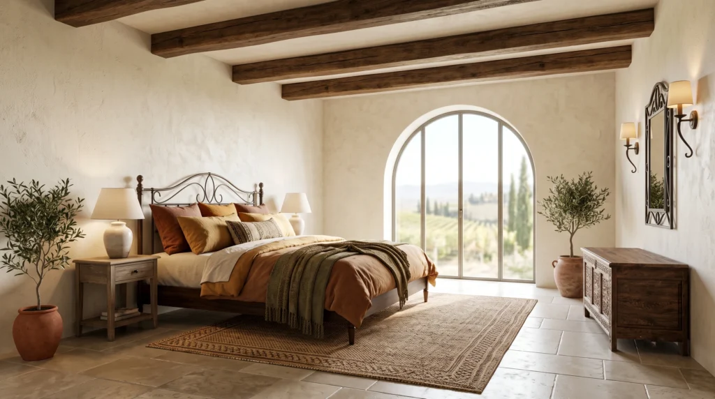 Stunning Tuscan-style bedroom featuring rustic wooden ceiling beams, wrought iron accents, warm earthy wall tones, and luxurious wrought-iron framed bedding.