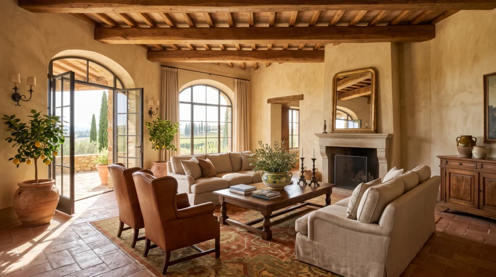 Warm Tuscan house featuring rustic terracotta floors, exposed wooden ceiling beams, rich earthy color palettes, and artisan wrought iron accents.