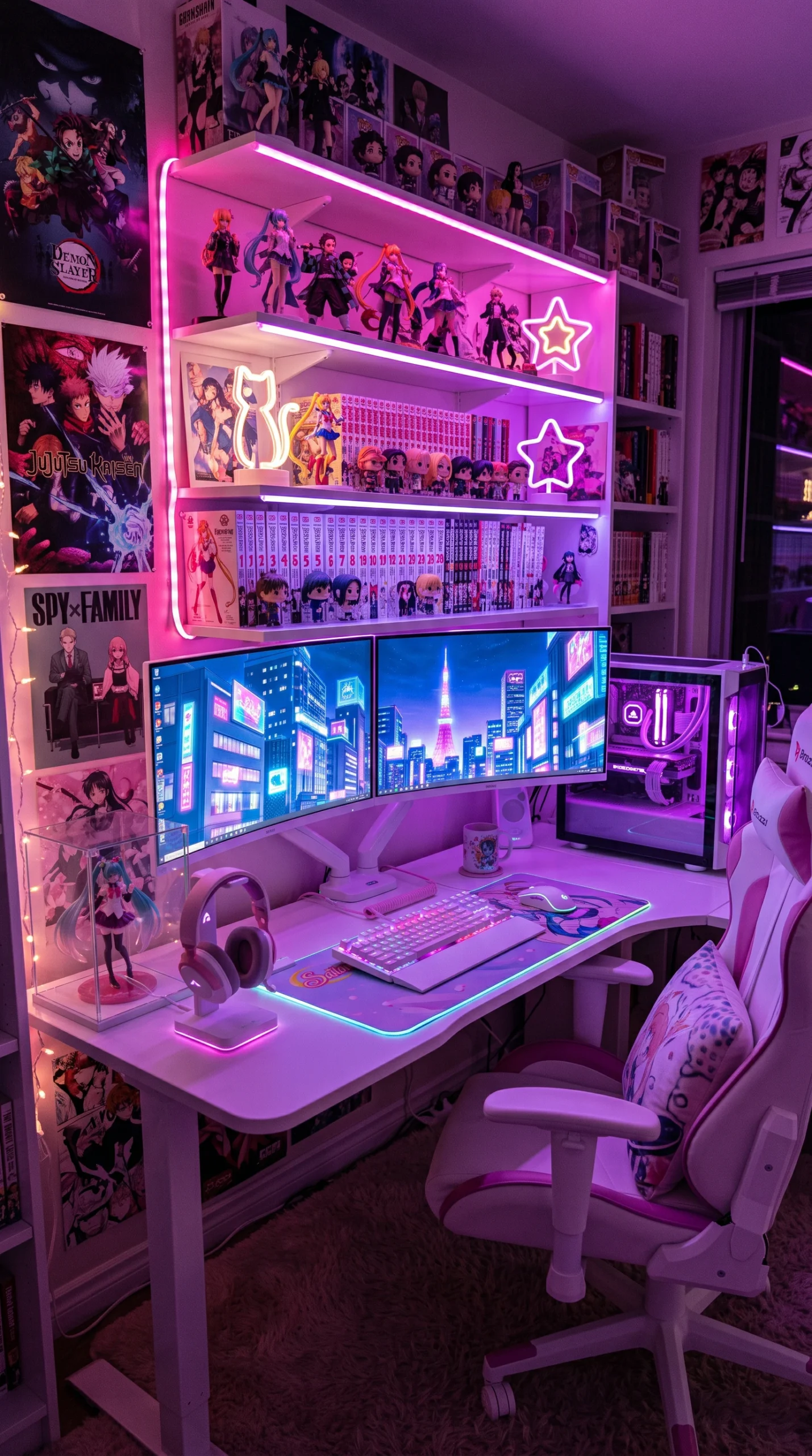Wide shot of a white gaming desk with dual monitors showing an anime city, bathed in pink and purple RGB lighting, highly photorealistic.