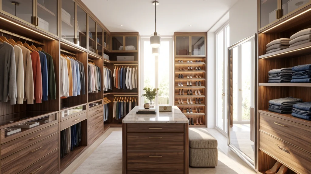Luxurious walk-in closet featuring built-in shoe shelving, soft velvet jewelry drawers, glass-front accessory cabinets, and integrated LED clothing rack lighting.