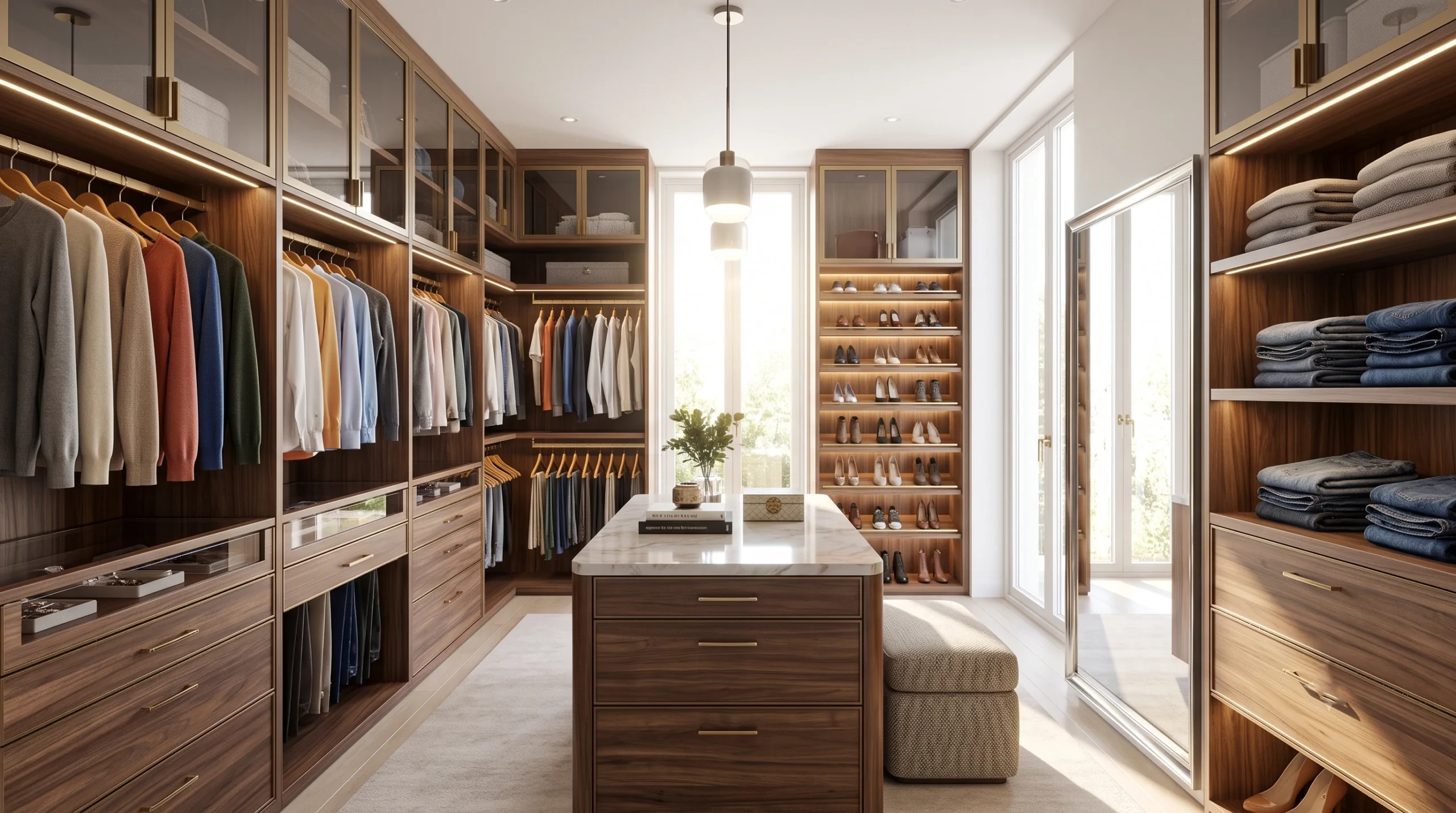 Luxurious walk-in closet featuring built-in shoe shelving, soft velvet jewelry drawers, glass-front accessory cabinets, and integrated LED clothing rack lighting.