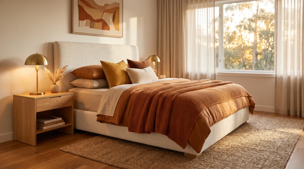 Luxurious master bedroom featuring a rich warm aesthetic color palette, natural wood accents, layered soft neutral bedding, and gentle ambient lighting.