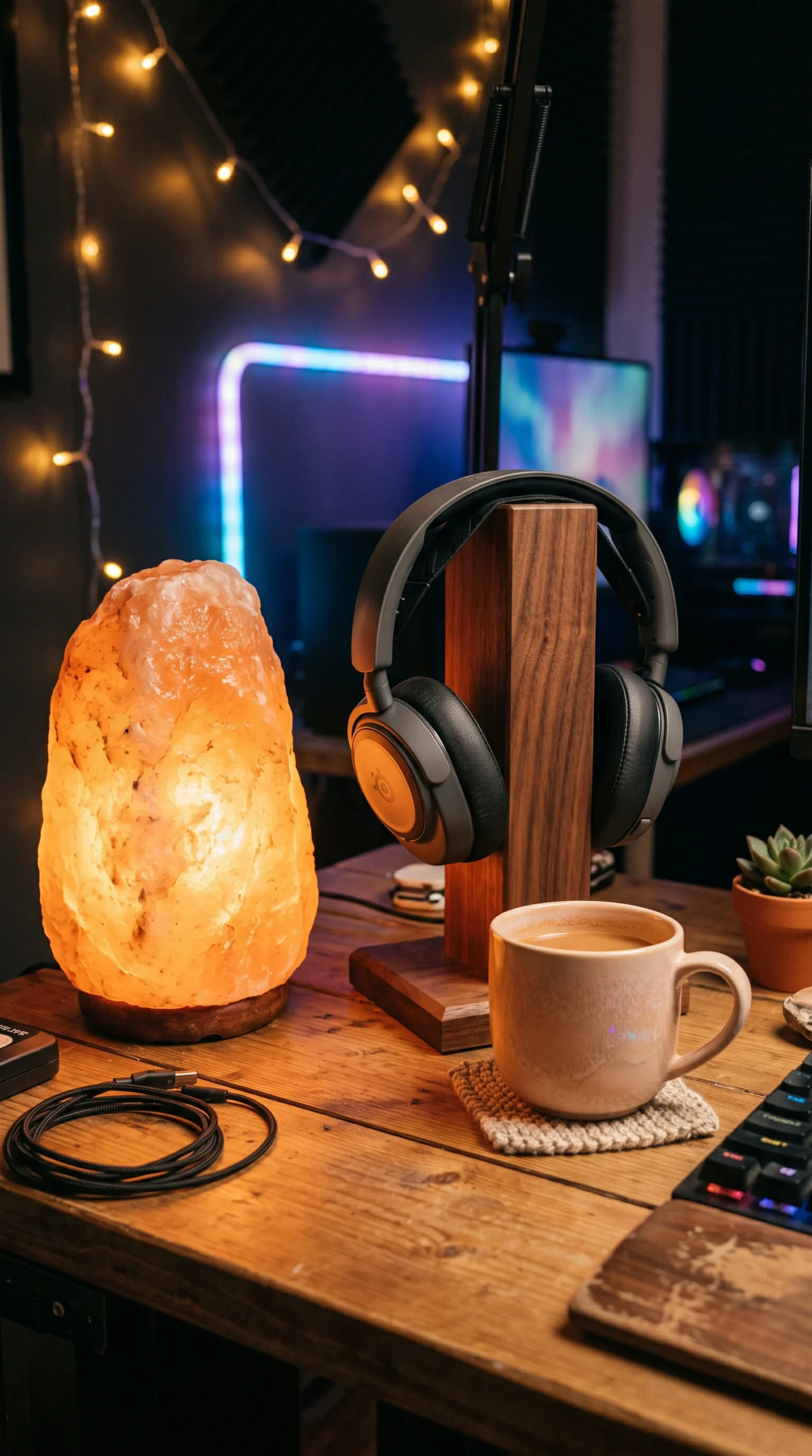 Detail shot of a gaming desk featuring a glowing Himalayan salt lamp, a wooden headphone stand holding black headphones, and a soft peach coffee mug resting on a wooden desk with warm ambient lighting.