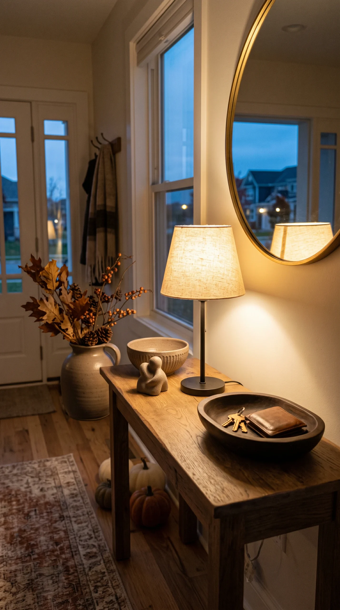 Small table lamp casting a golden glow over taupe ceramic decor and an espresso wooden catch-all bowl on a console table.