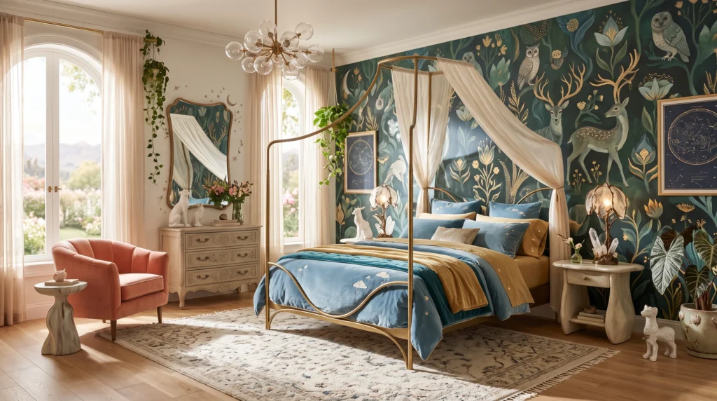 Whimsical and enchanting bedroom featuring playful decor, dreamy pastel tones, soft layered bedding, and magical fairytale-inspired accents.