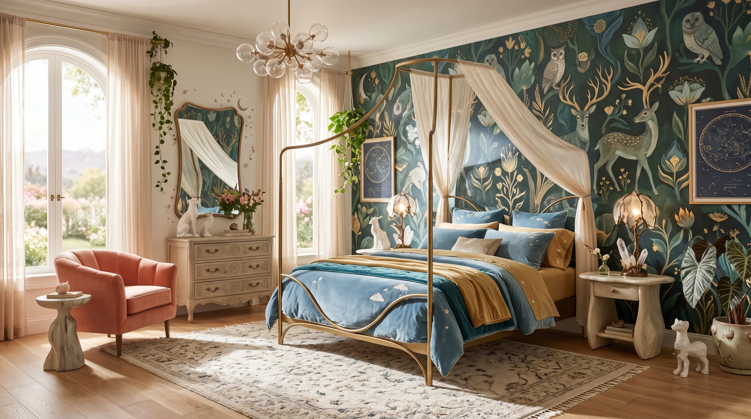 Whimsical and enchanting bedroom featuring playful decor, dreamy pastel tones, soft layered bedding, and magical fairytale-inspired accents.