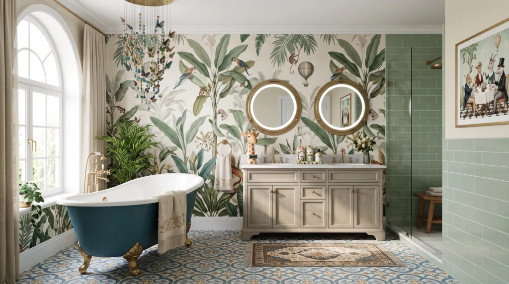 Whimsical and eclectic bathroom featuring playful decor, unique art accents, charming vintage touches, and vibrant botanical details.