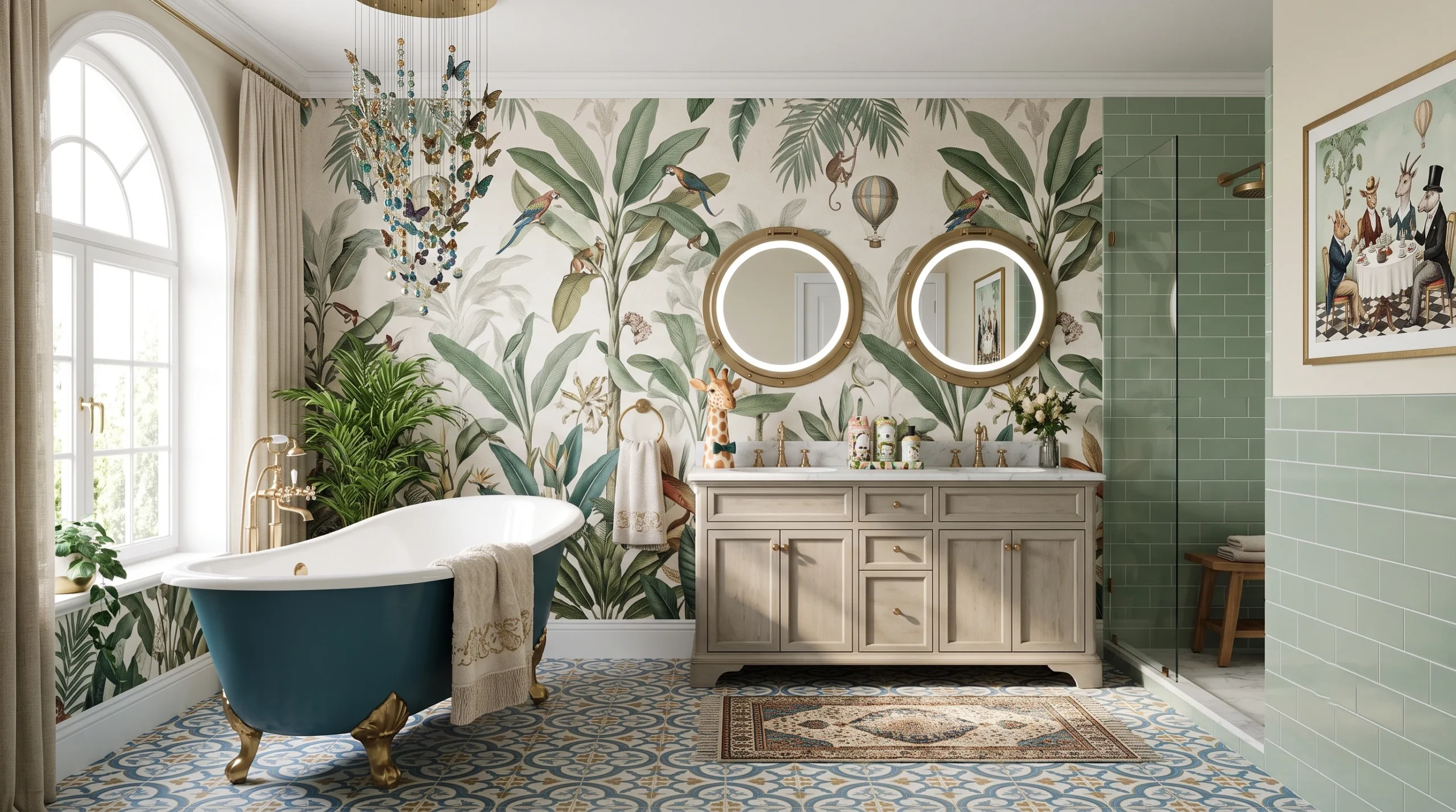 Whimsical and eclectic bathroom featuring playful decor, unique art accents, charming vintage touches, and vibrant botanical details.