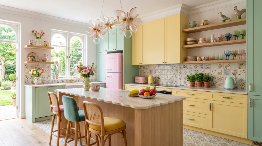 Enchanting whimsical kitchen featuring playful patterned tiles, pastel cabinet accents, vintage-inspired fixtures, and imaginative decor touches.