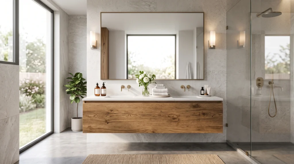 Luxurious primary bathroom featuring a custom natural wood vanity, sleek hardware, marble countertops, and warm ambient lighting.