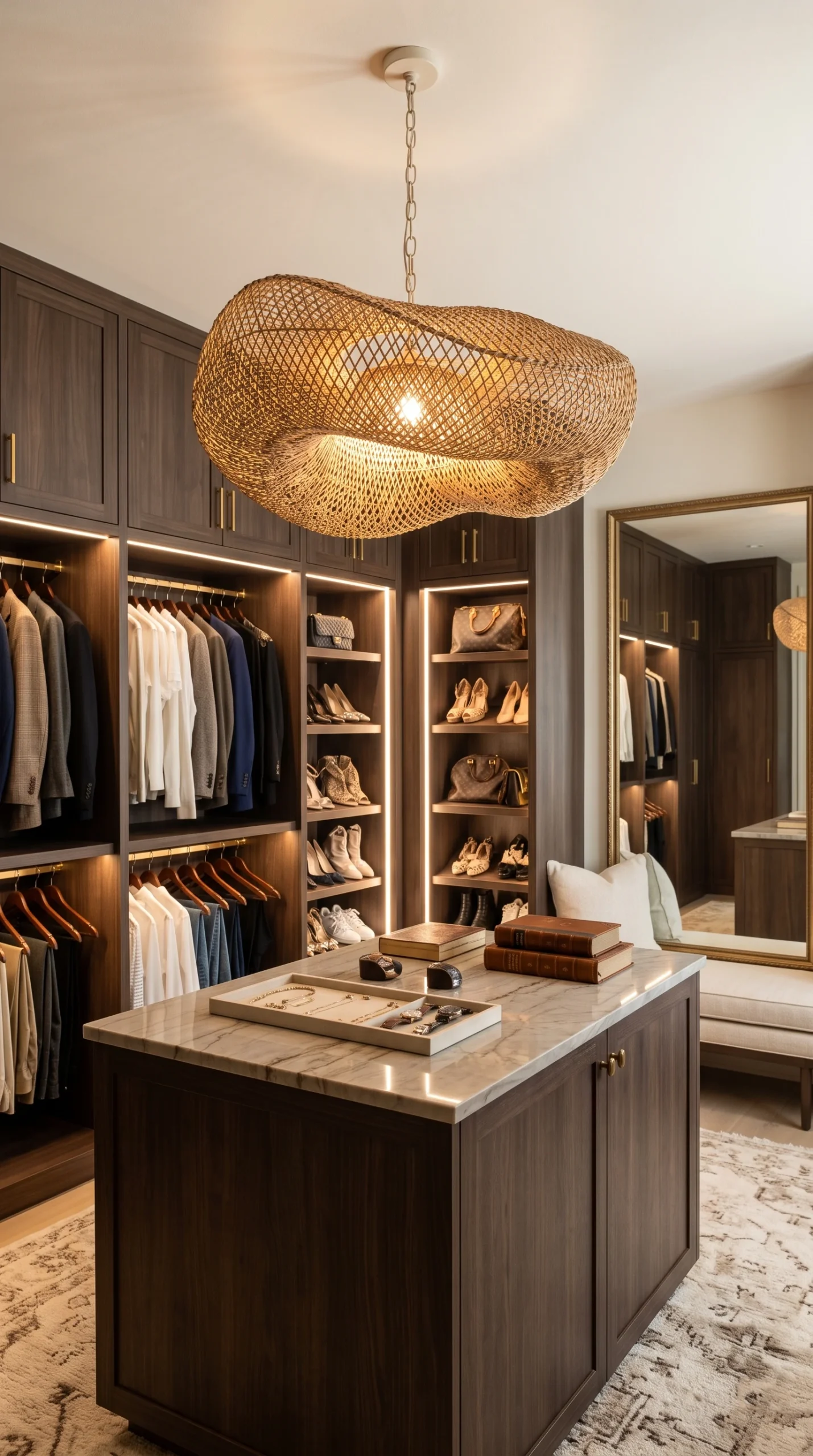 Organic modern woven fiber chandelier hanging above a central island in a luxury walk-in closet.