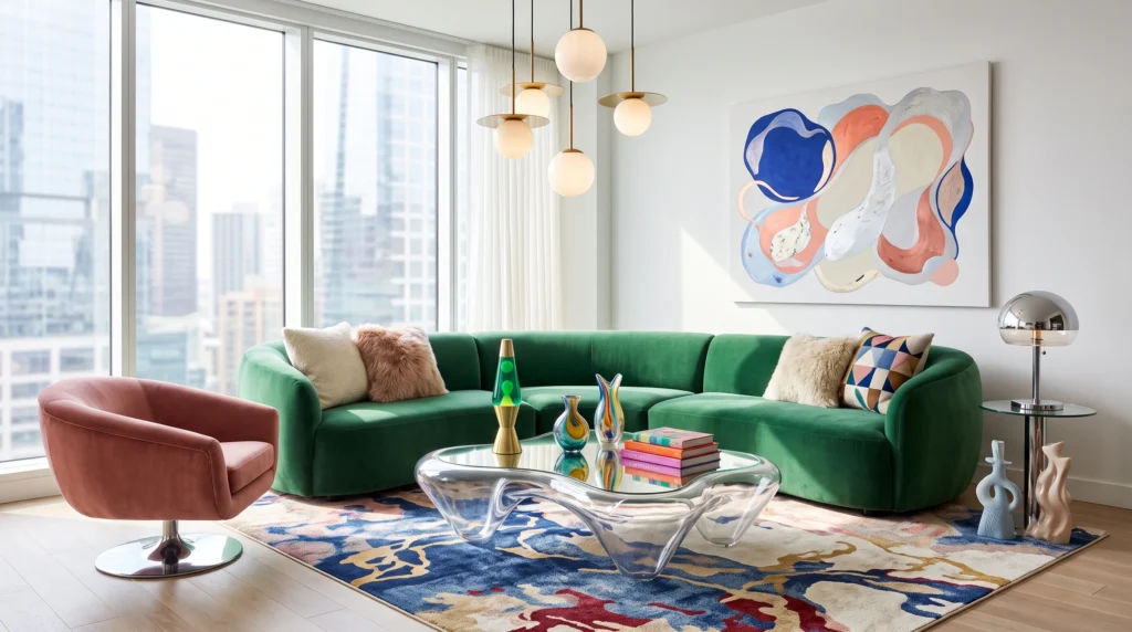 Retro-futuristic Y2K living room featuring glossy inflatable furniture, metallic chrome accents, translucent neon decor, and nostalgic fiber optic lighting.