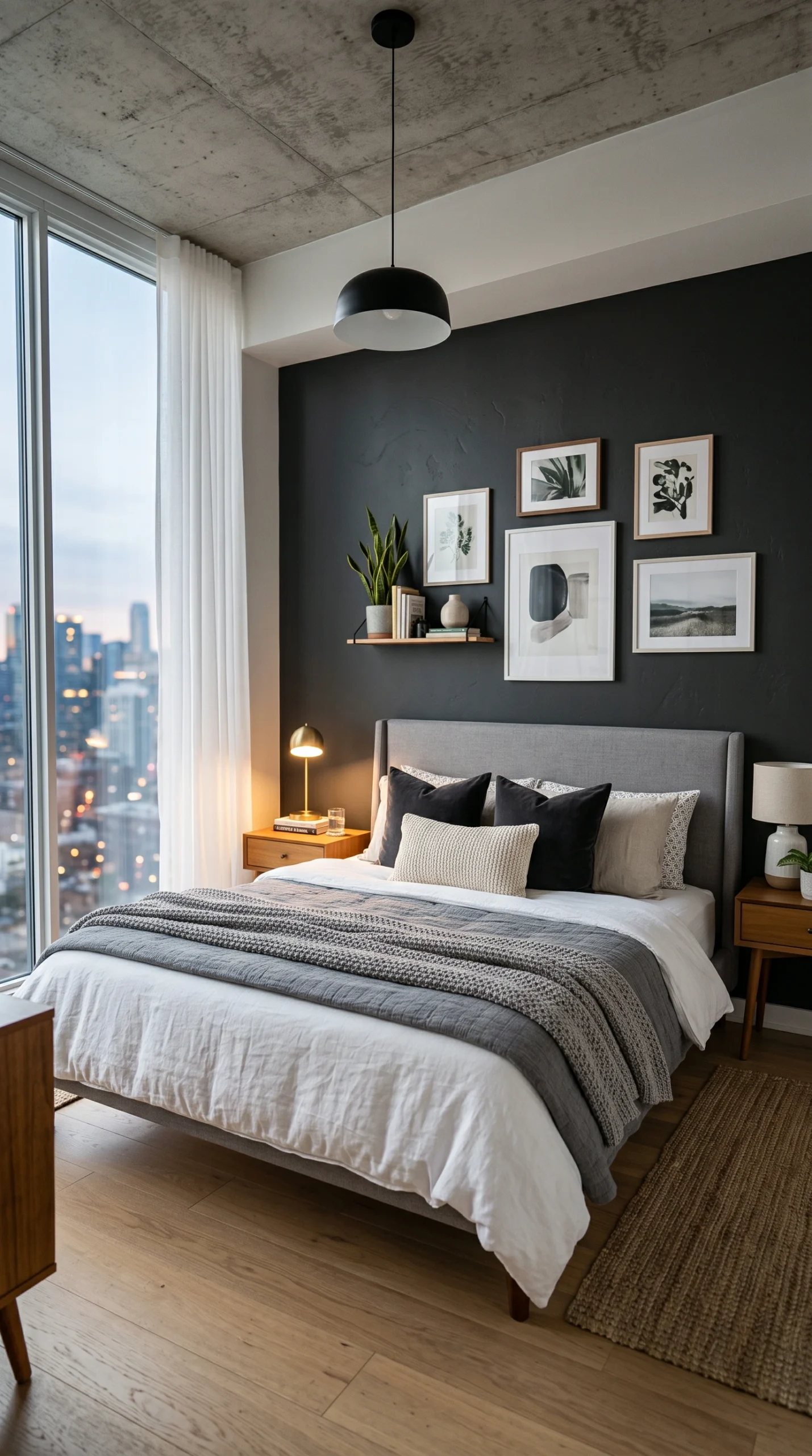 A modern bedroom featuring a deep charcoal grey accent wall behind a neatly made bed with grey and white bedding, positioned next to a large floor-to-ceiling window overlooking a city skyline.