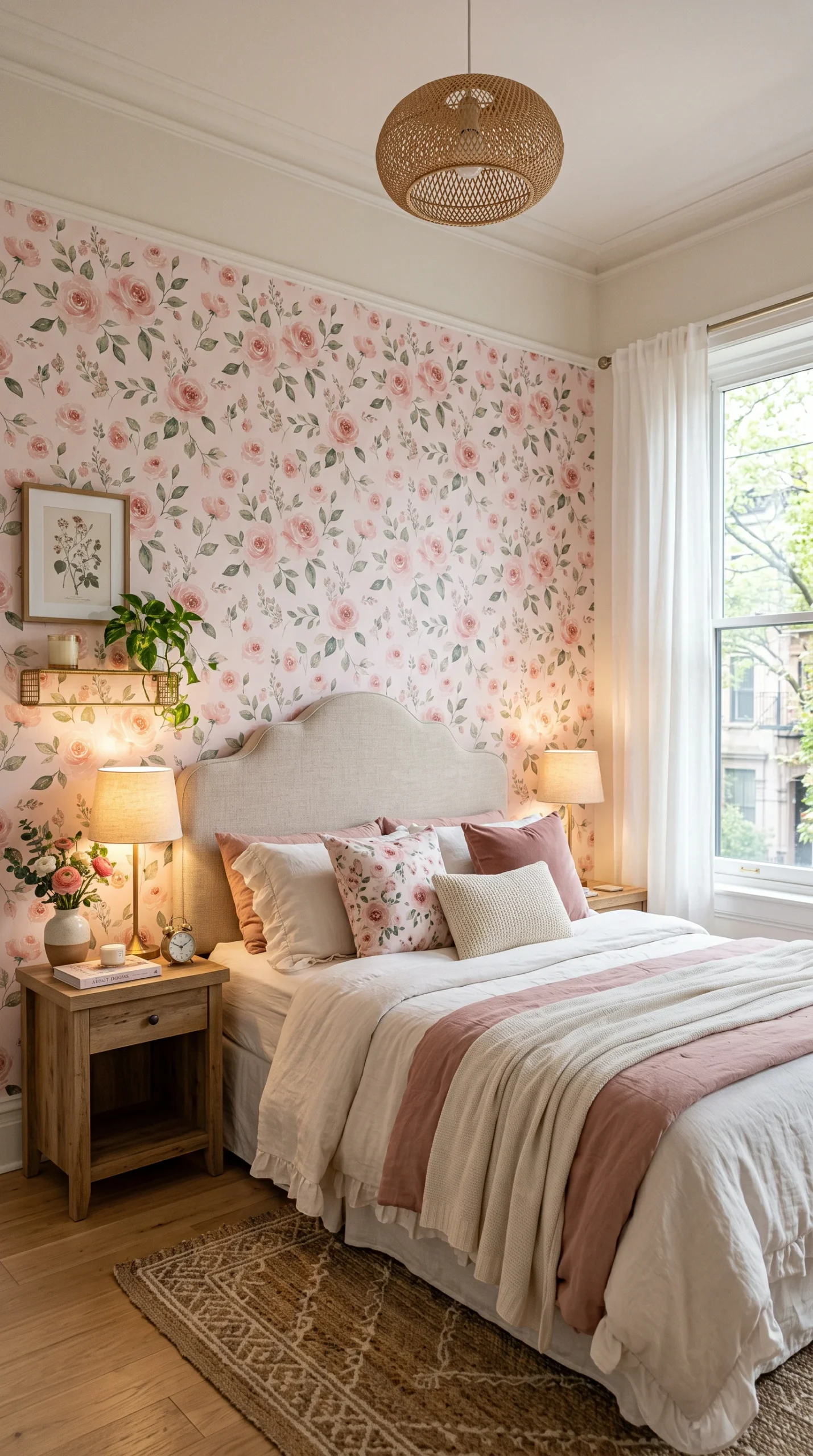 An aesthetic apartment bedroom with a pink floral peel-and-stick accent wall and scalloped headboard.
