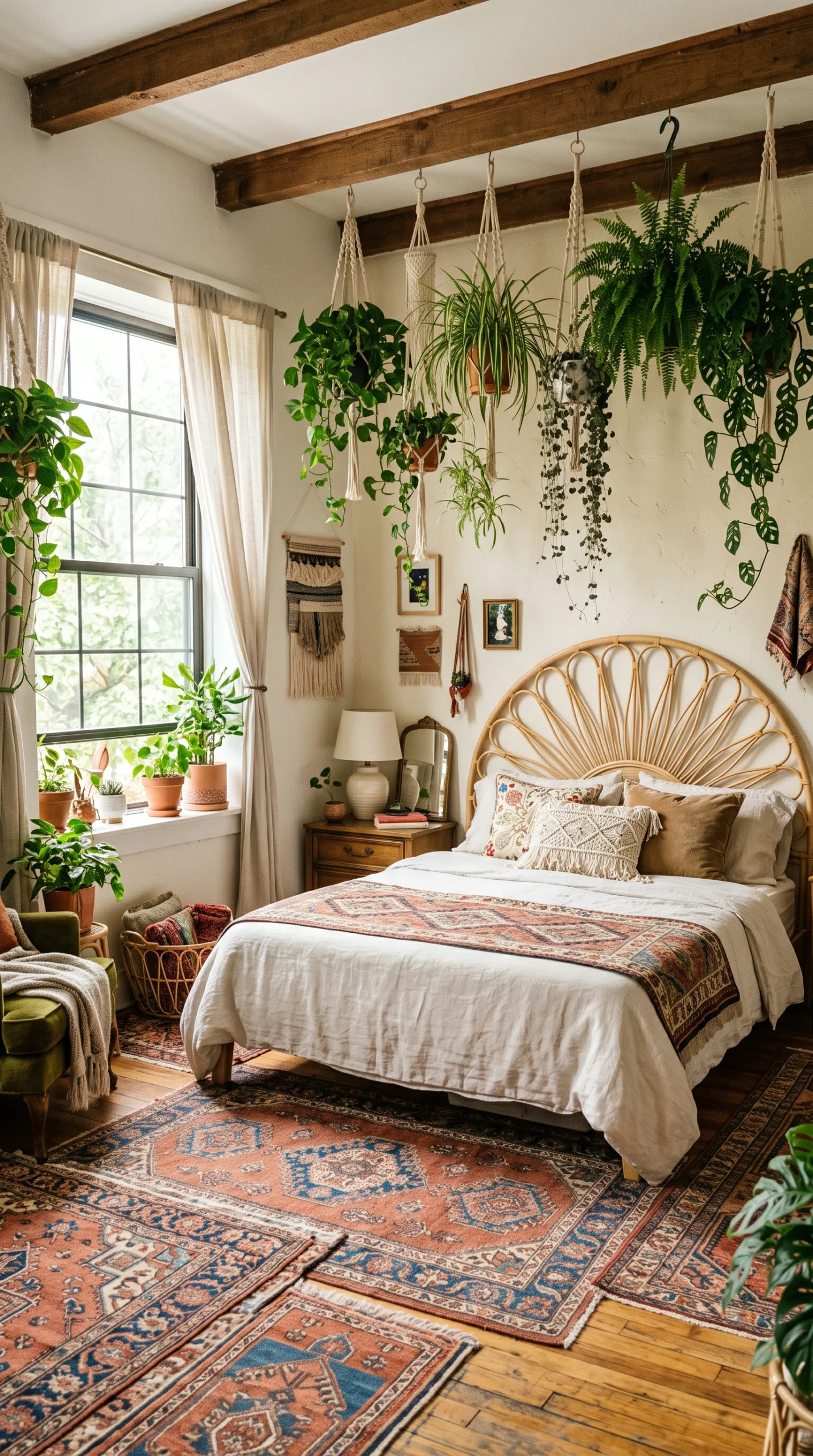 Wide shot of a bright bohemian bedroom with a rattan headboard, layered rugs, and numerous hanging potted plants.