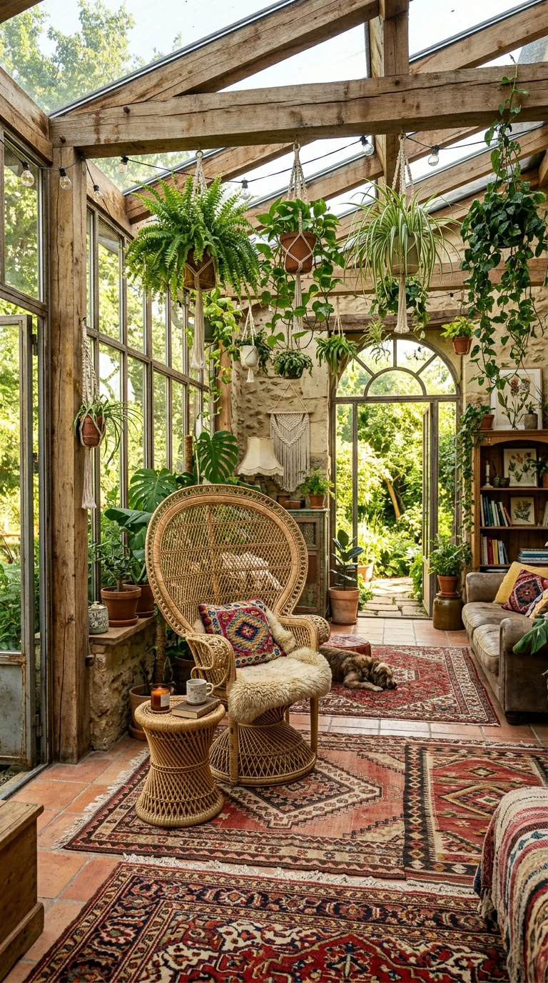 A naturally lit sunroom decorated in bohemian style with layered rugs, a large rattan peacock chair, and various potted and hanging plants.