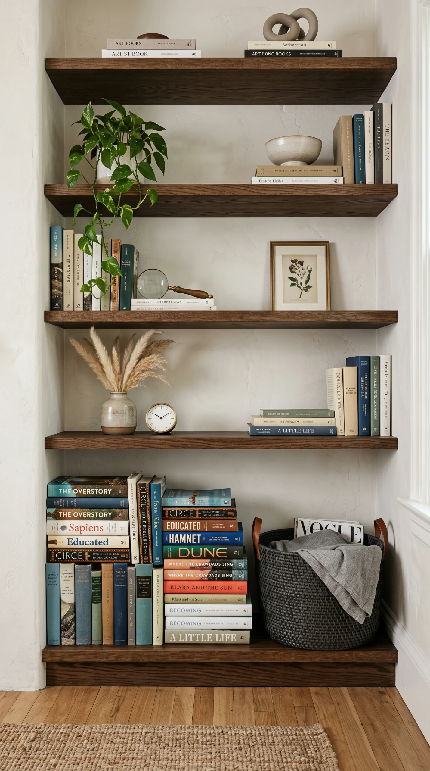 Bottom shelf of a bookcase with a heavy stack of books next to a textured deep slate grey woven basket for visual balance.