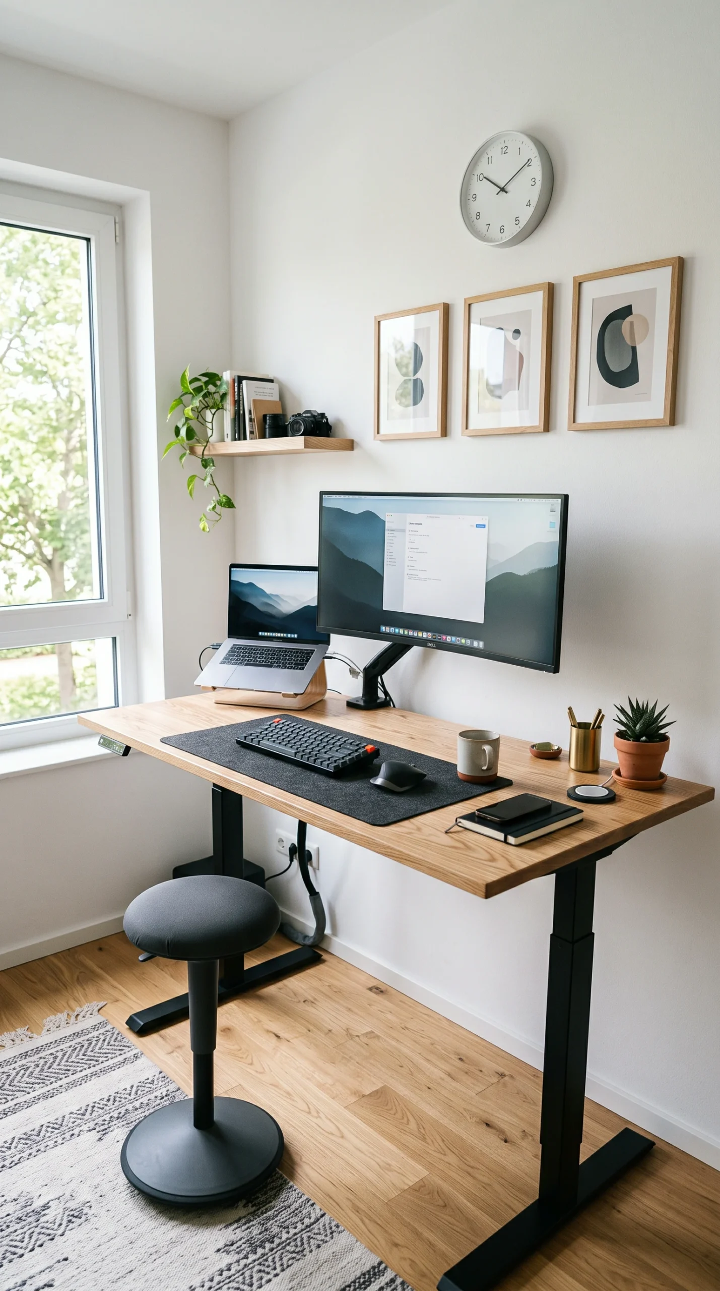 A modern ash wood standing desk in a bright white home office bathed in natural light.