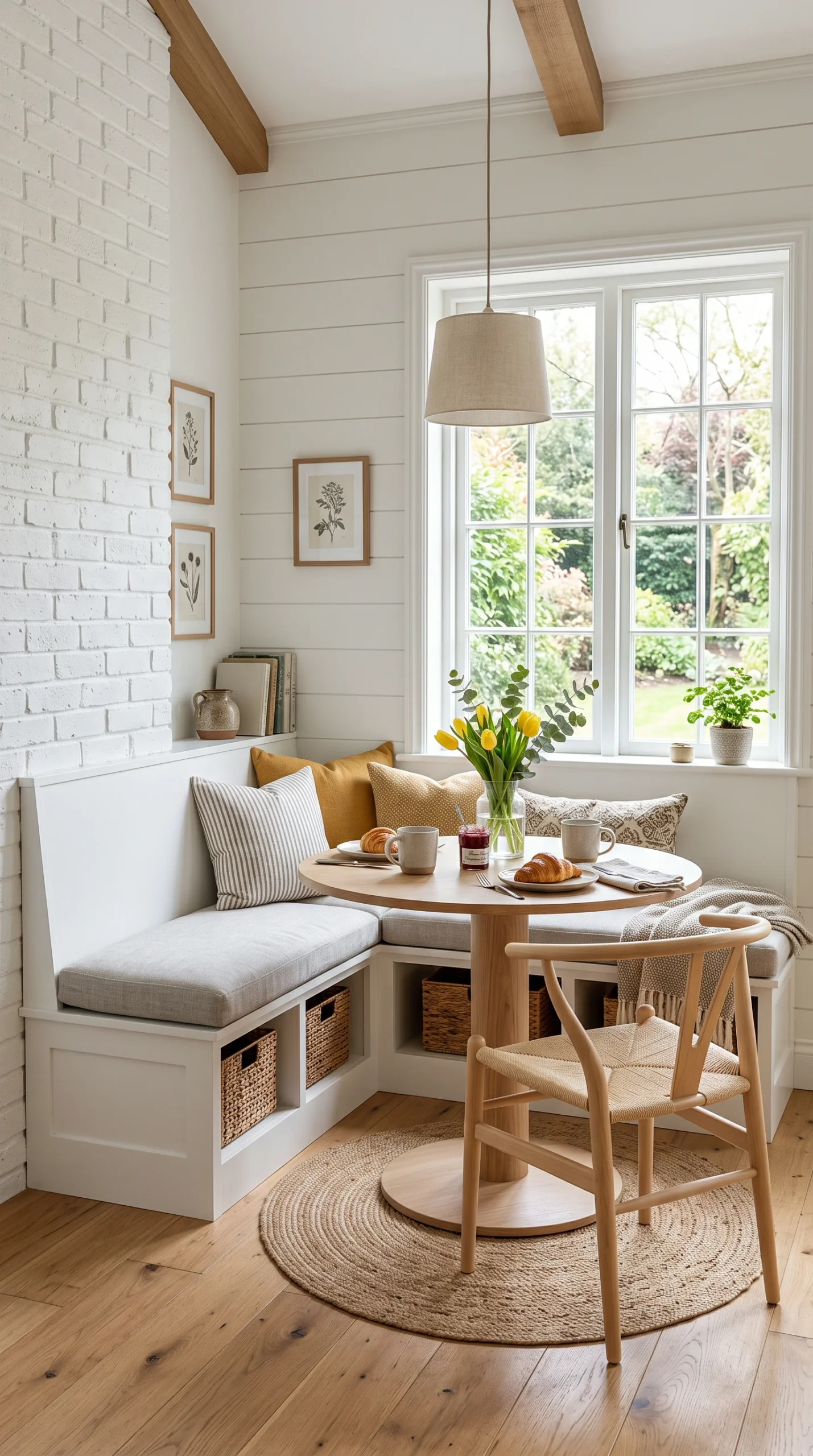 Wide architectural shot of a bright corner breakfast nook with an optical white L-shaped built-in bench and warm birch pedestal table.