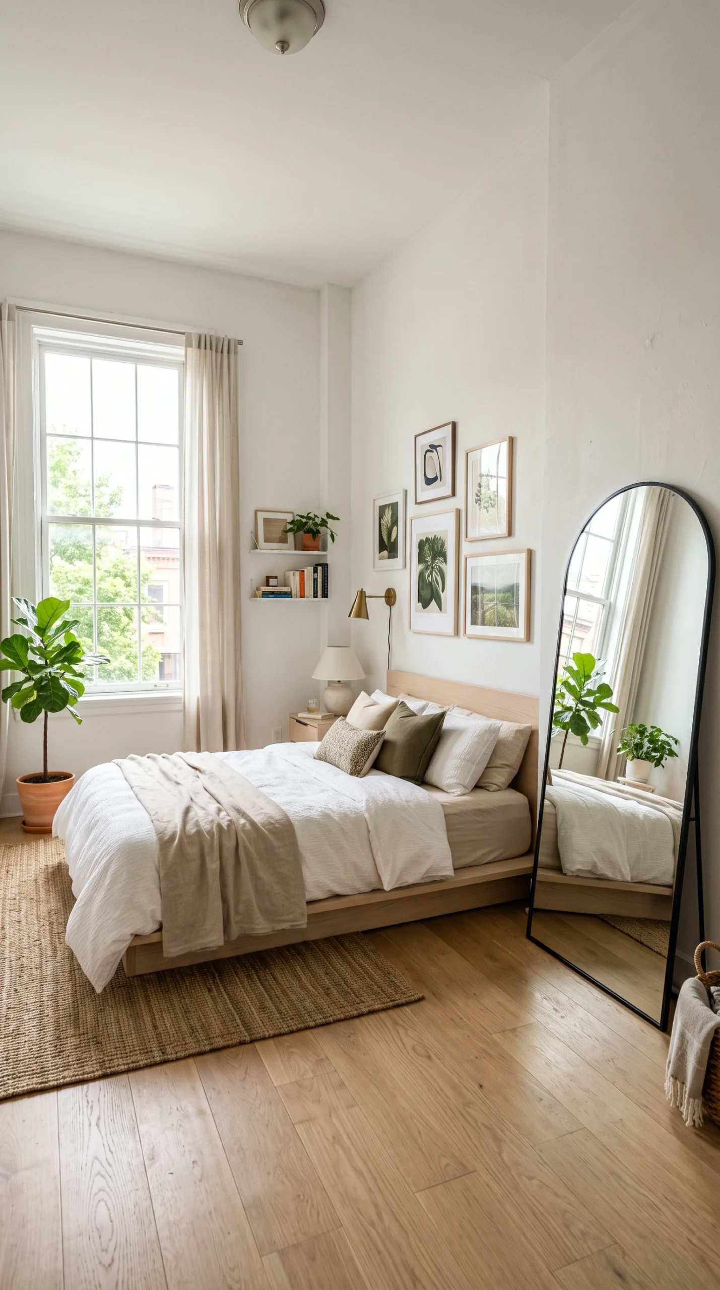 Wide architectural shot of a bright small apartment bedroom with a low-profile light ash wood platform bed and leaning floor mirror.