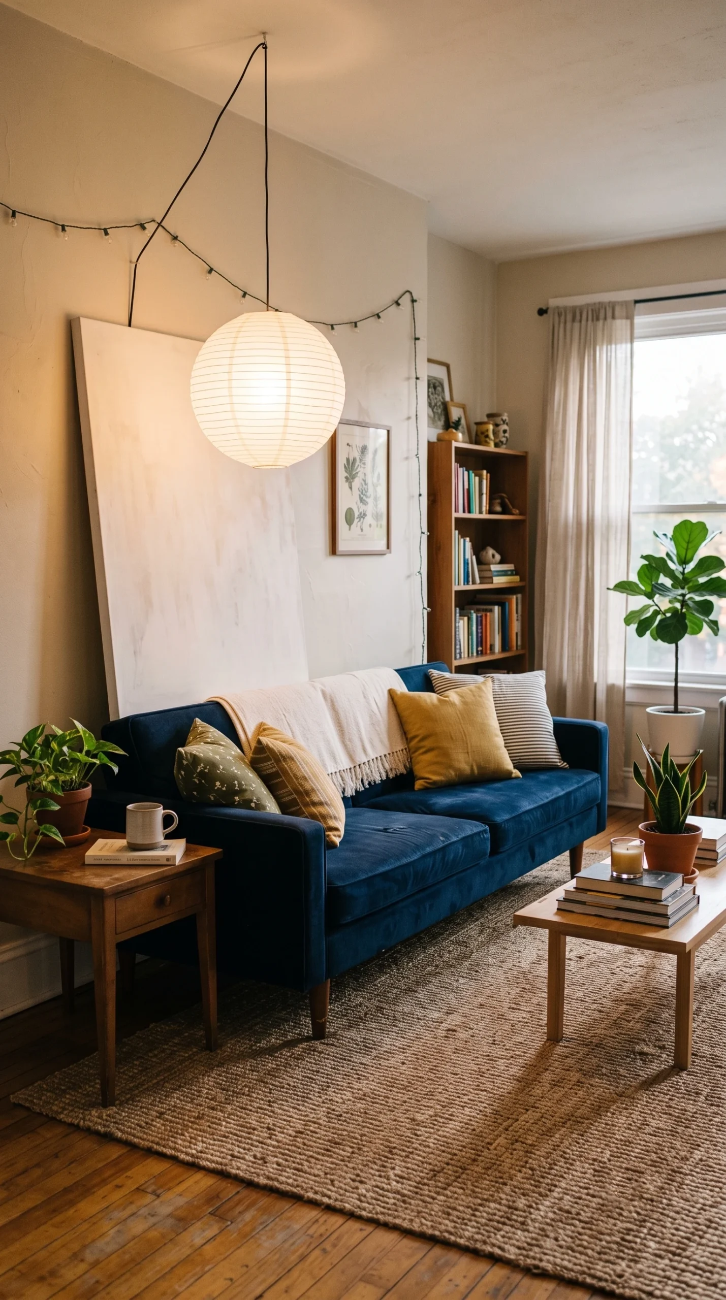 A cozy, budget-friendly apartment living room featuring a blue velvet couch, jute rug, and paper lantern.