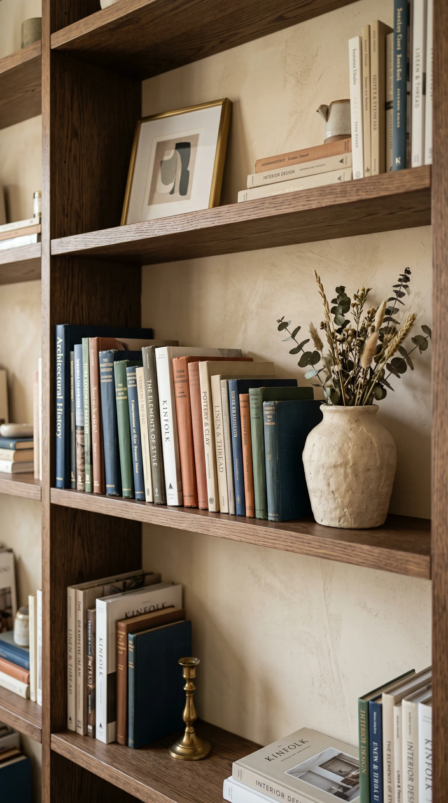 Custom wooden built-in bookshelf styled with a heavy cluster of books and a raw plaster vase.