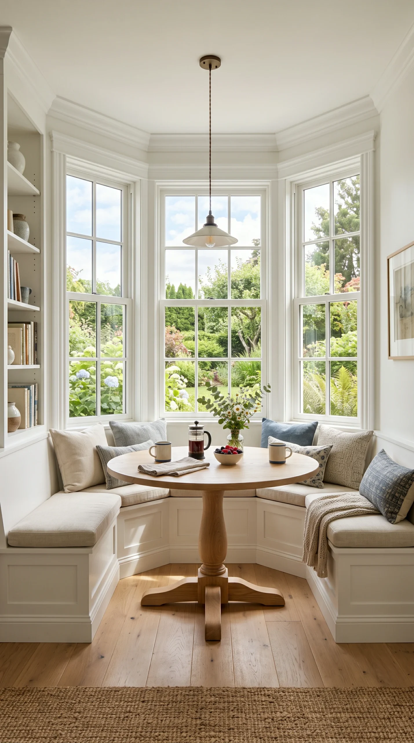 A bright built-in breakfast nook inside a bay window with custom white millwork and a round oak wood pedestal table.