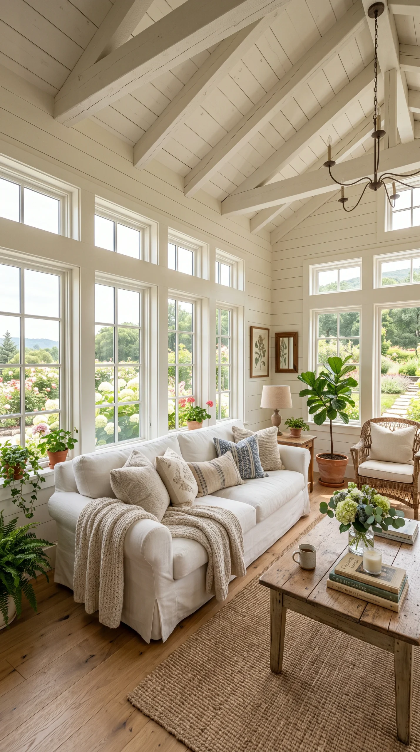 A photorealistic view of a farmhouse sunroom with creamy shiplap walls, large glass windows, and a comfortable white slipcovered sofa.