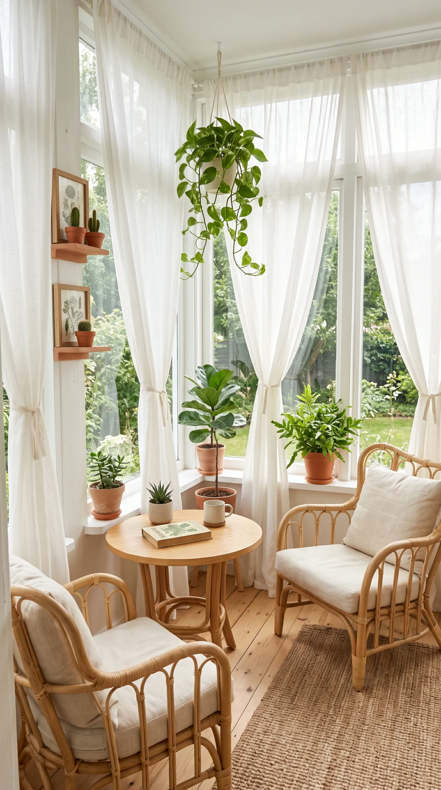 Two light rattan lounge chairs facing large windows in a bright, compact sunroom.