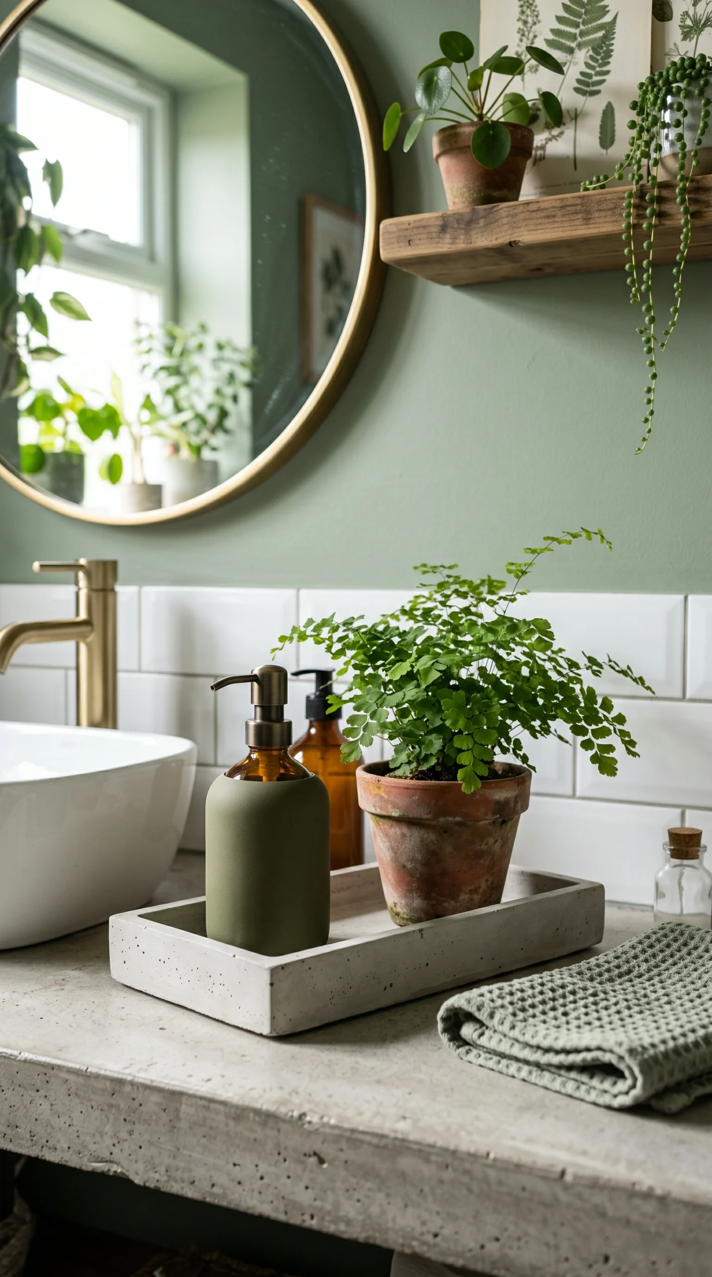 Green bathroom decor featuring a concrete vanity tray, olive ceramic soap dispenser, and small potted fern.